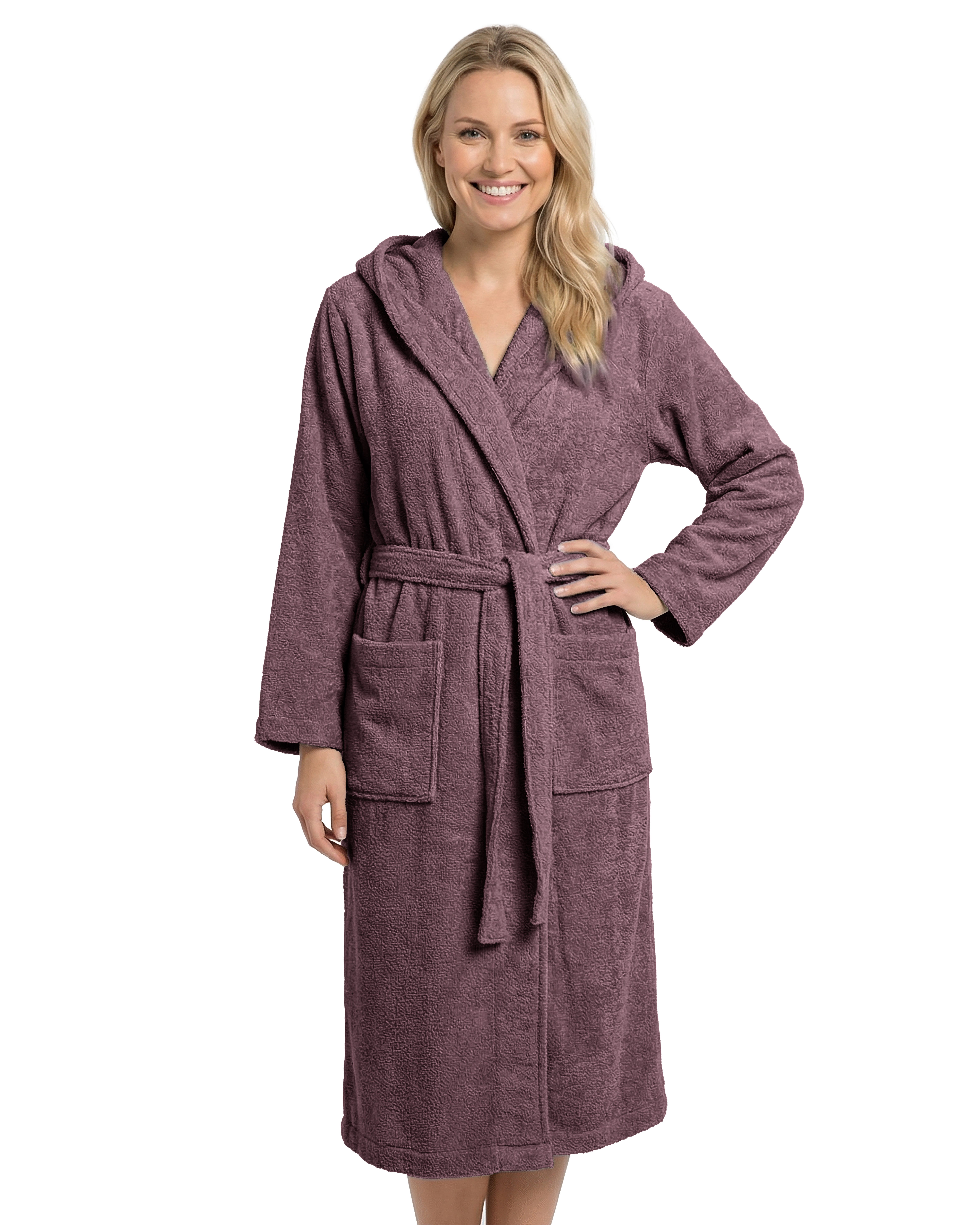 Laynenburg Damenbademantel Bademantel Damen mit Kapuze aus 100% Baumwolle Frottee, mit Gürtel, aufgesetzten Taschen, Waden-lang für Spa, Sauna, S-XXXL