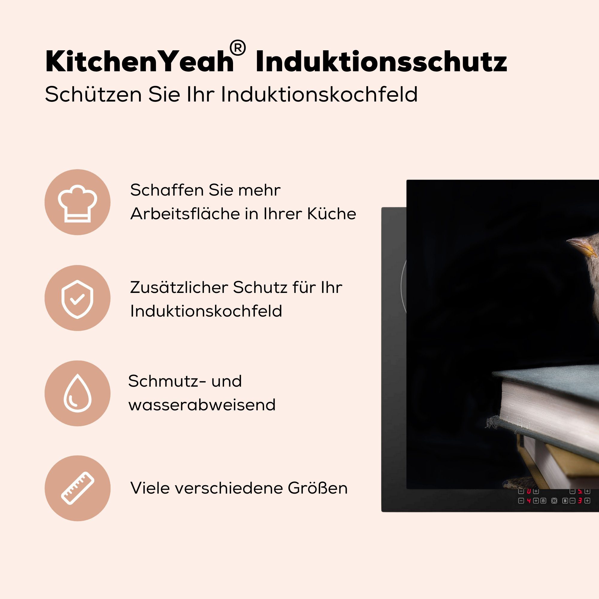 MuchoWow Herdblende-/Abdeckplatte Induktionskochfeld - Vogel küche, - 71x52 die Vinyl, für tlg), (1 Bücher Schutz Porträt, Ceranfeldabdeckung cm