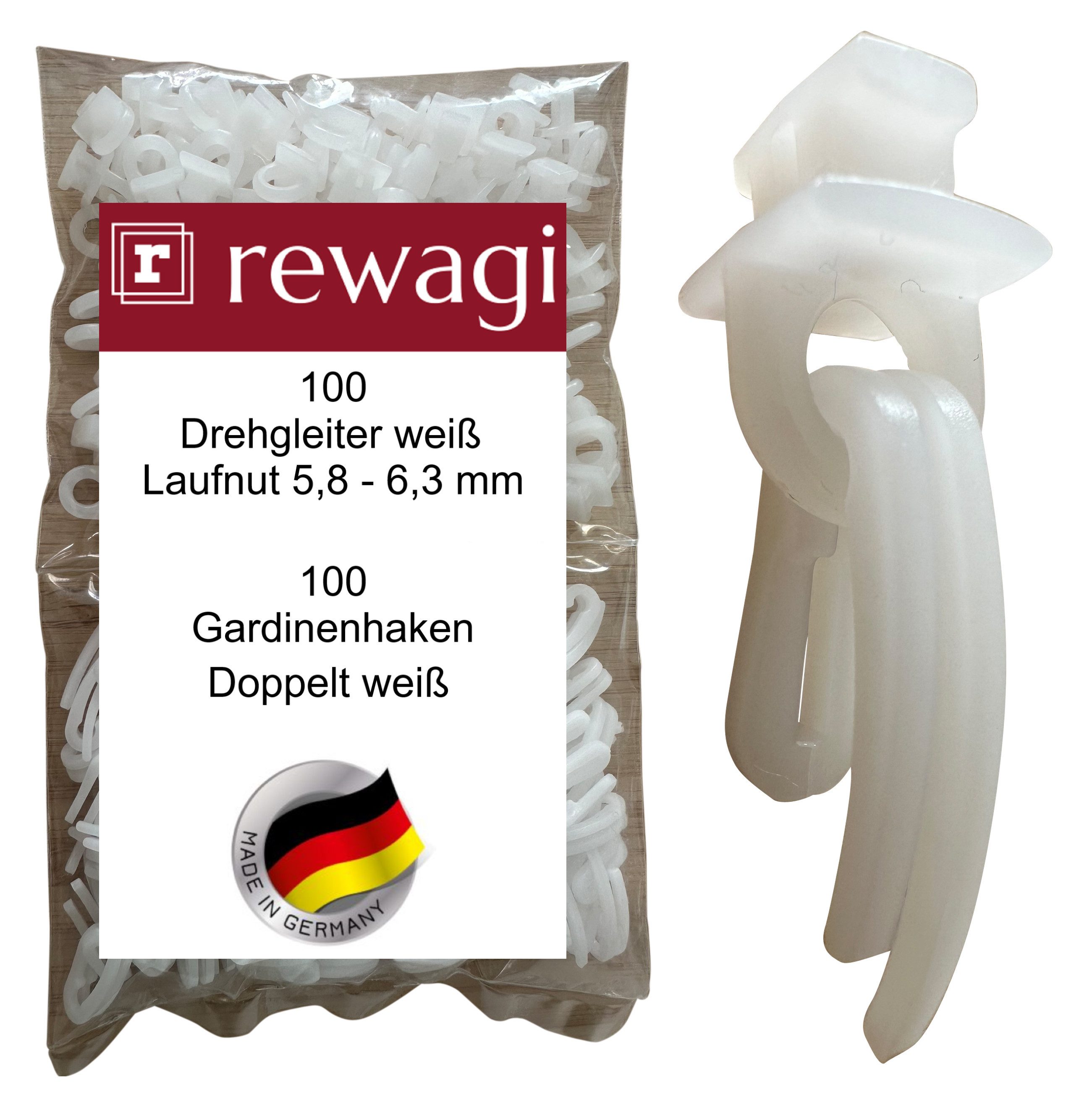 rewagi Gardinengleiter 100 Drehgleiter PIR & 100 Gardinenhaken doppelt, für Gardinenschiene 6, Gardinen, Gardinenschienen, Gardinenstangen, Innenlaufsysteme, Vorhänge