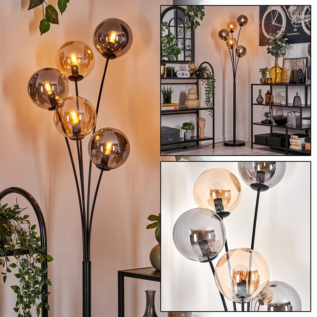 hofstein Stehlampe Stehlampe aus Metall/Glas in Schwarz/Rauchfarben/Bernstein, ohne Leuchtmittel, Leuchte mit Glasschirmen(15cm), Schalter, 5xE14, ohne Leuchtmittel