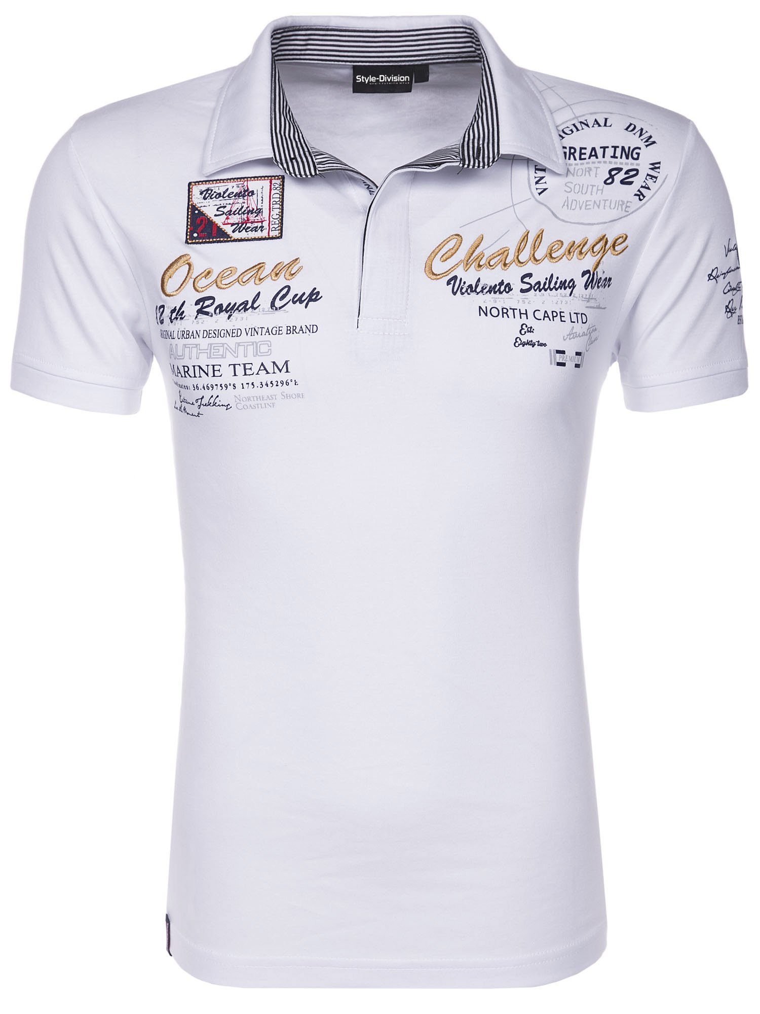 Stickereien Bedruckt Style-Division Poloshirt mit SDHOUSTON & Weiß