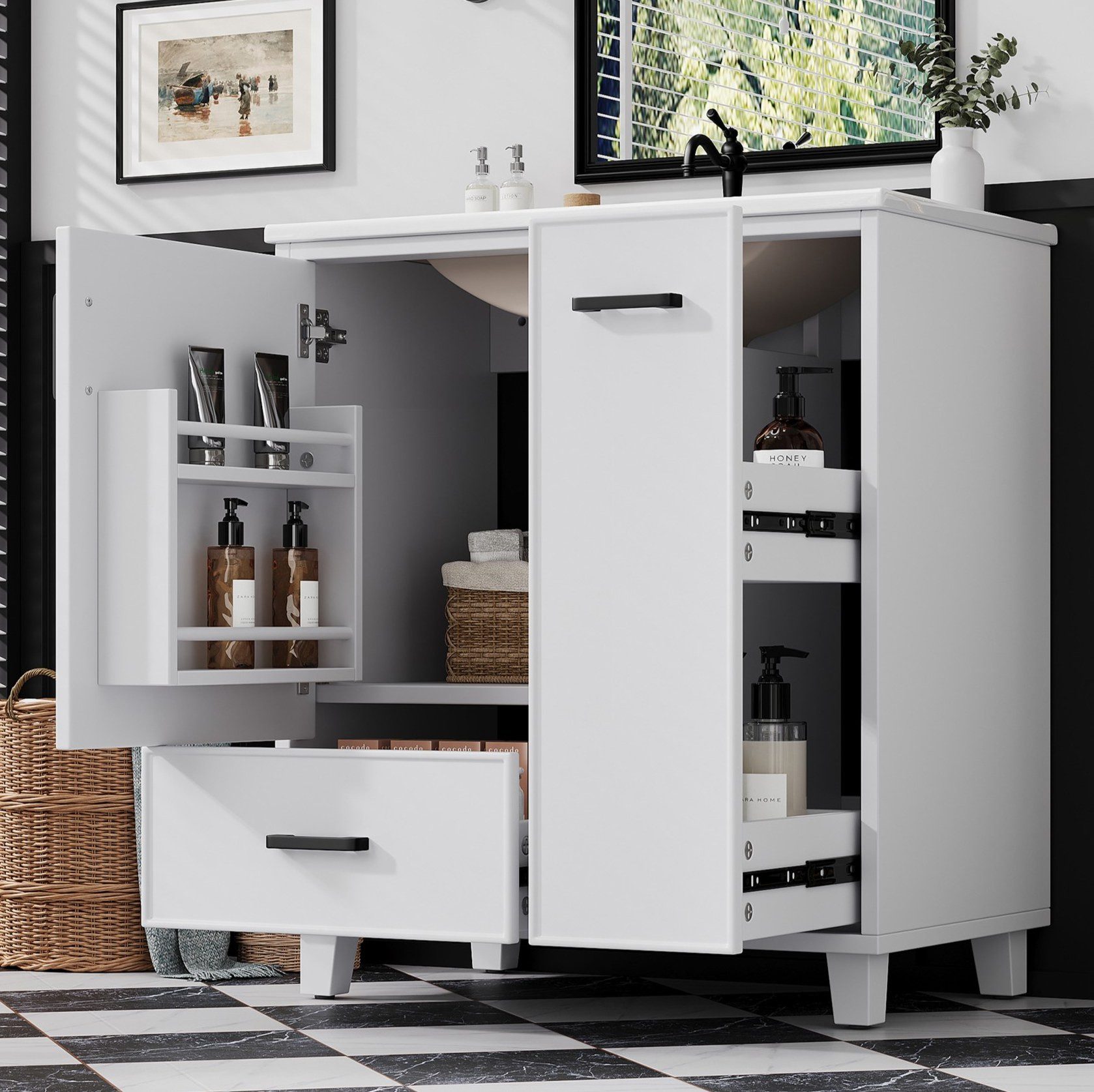 OKWISH Waschbeckenunterschrank Badezimmerschrank Badmöbel (76,5x47x82 cm mit integriertem Keramikwaschbecken, seitlichem Schubladenauszug mit 2 Ebenen und praktischem Türinnenfach) Badschrank