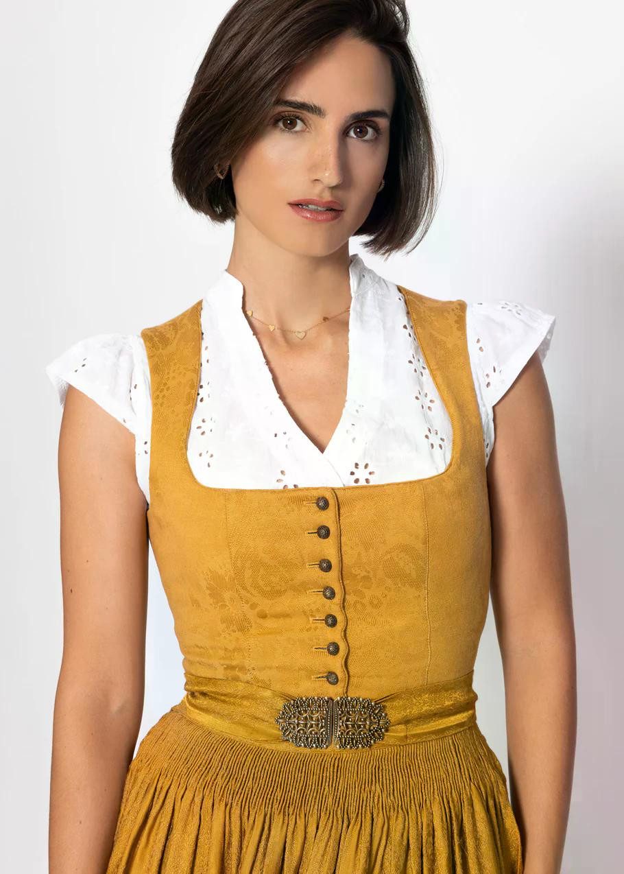 SASSYCLASSY Dirndlbluse Baumwoll Dirndlbluse mit Stickerei für Damen Traditionelle Trachtenbluse mit V Ausschnitt und Stehkragen Weiß