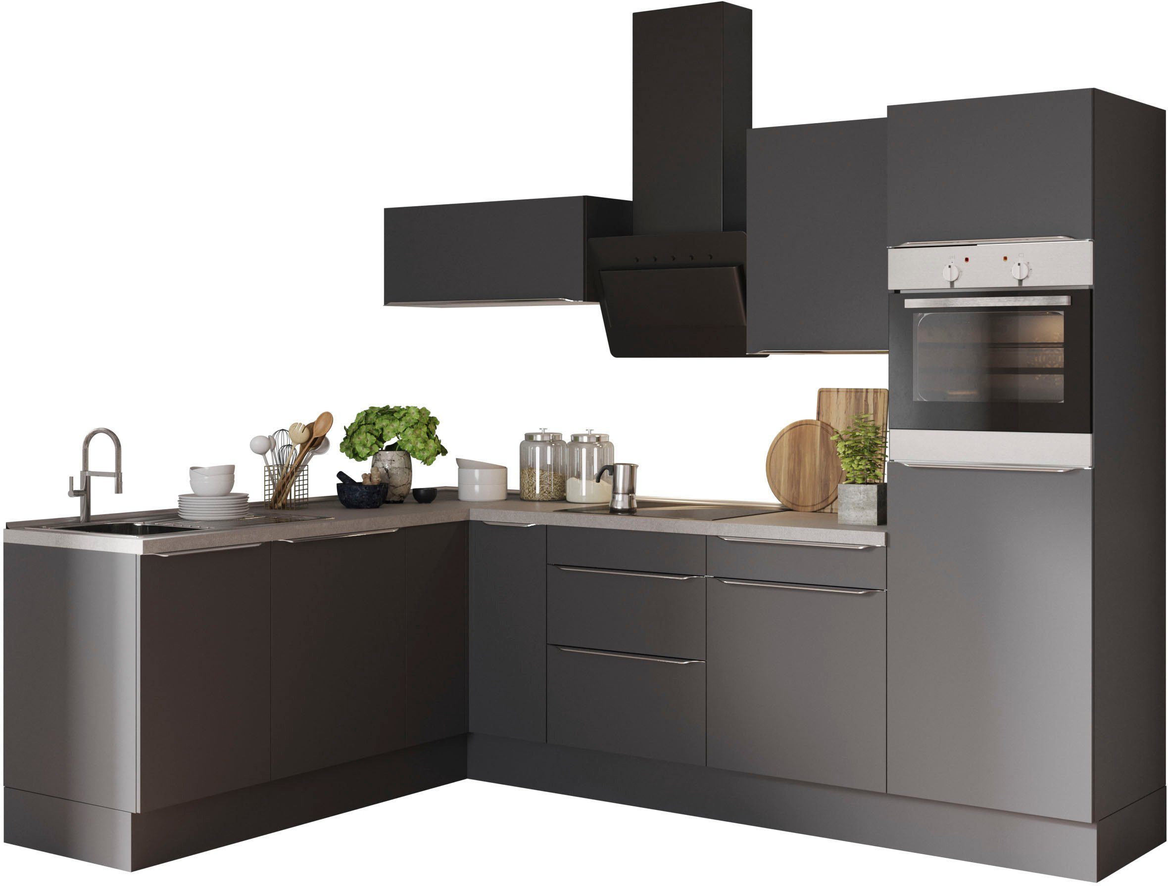 OPTIFIT Winkelküche Aken, mit E-Geräten, Stellbreite 200 x 270 cm, Stabile  Metallauszüge bis 25 kg belastbar