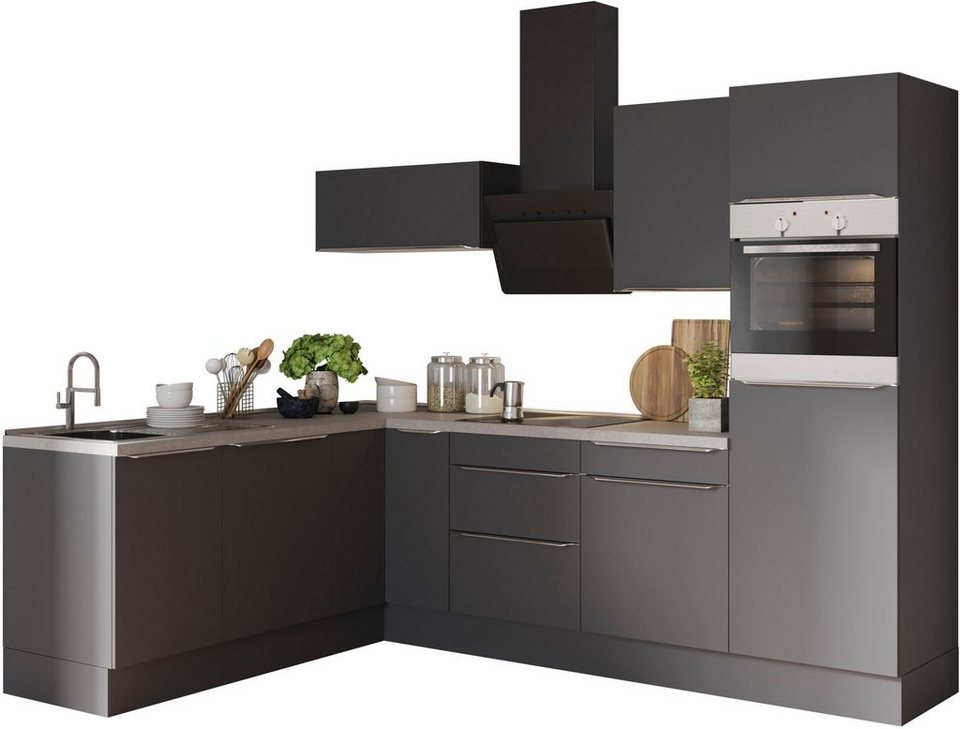 OPTIFIT Winkelküche Aken, mit E-Geräten, Stellbreite 200 x 270 cm, Stabile  Metallauszüge bis 25 kg belastbar
