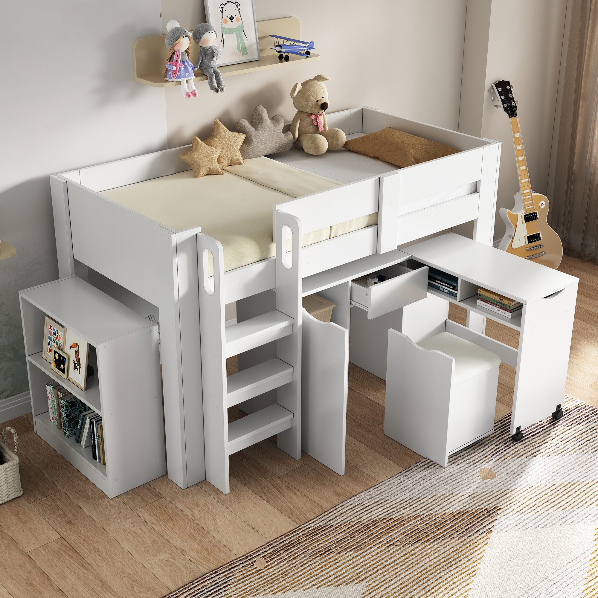 Flieks Hochbett Kinderbett 90x200cm mit beweglichem Schrank, Schreibtisch u günstig online kaufen
