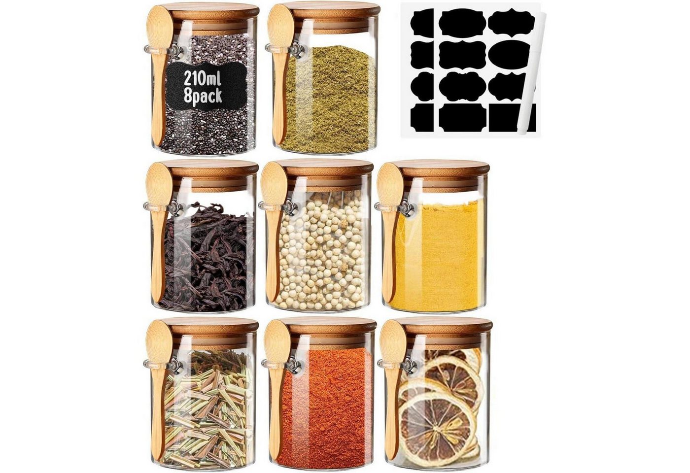 LuxusKollektion Vorratsglas Gewürzgläser Set mit Etiketten 7oz Luftdicht & Löffel 8