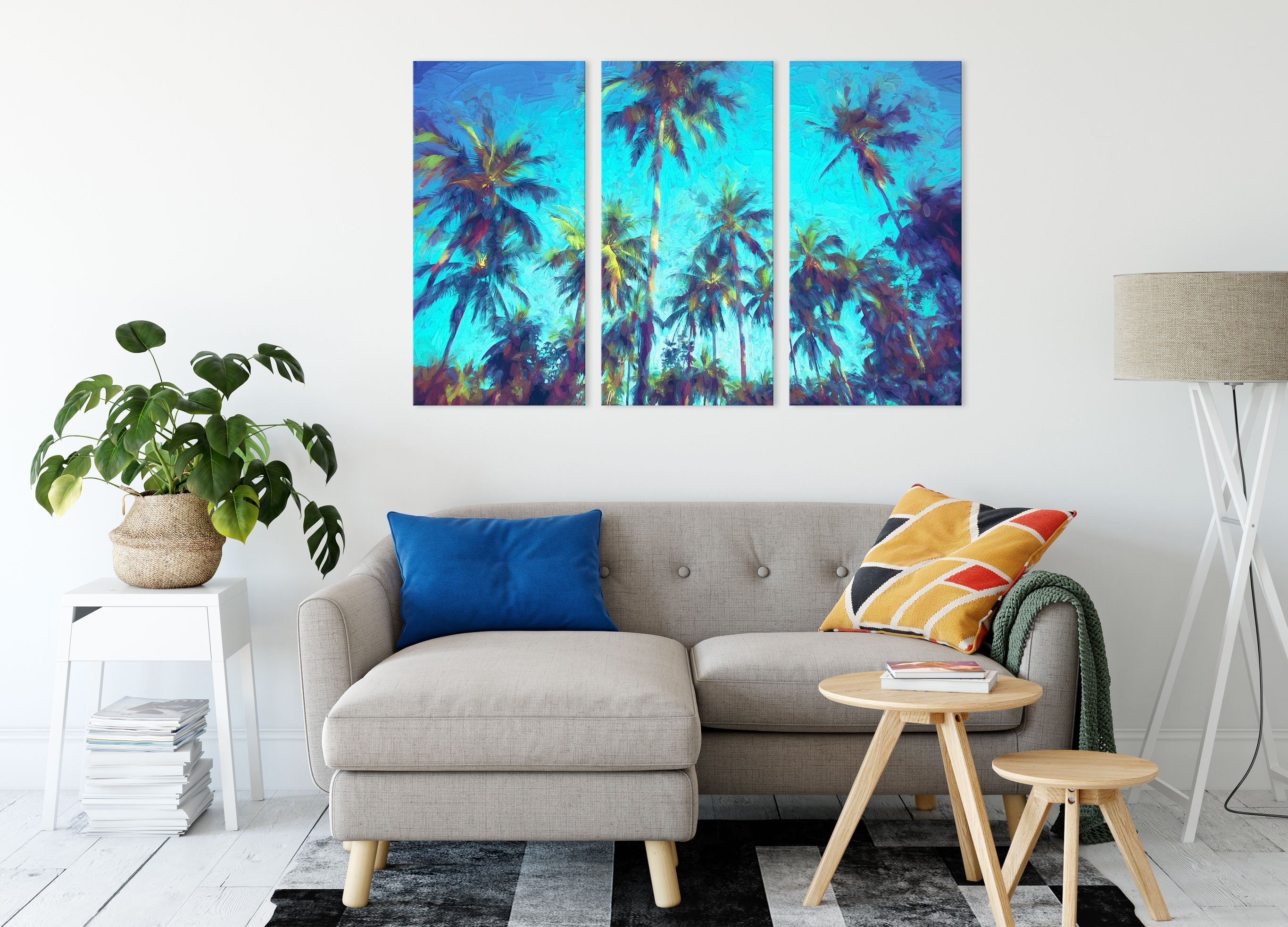 3Teiler bespannt, fertig Tropische (1 Tropische Palmen Kunst, Zackenaufhänger St), (120x80cm) Leinwandbild Leinwandbild Kunst Palmen inkl. Pixxprint