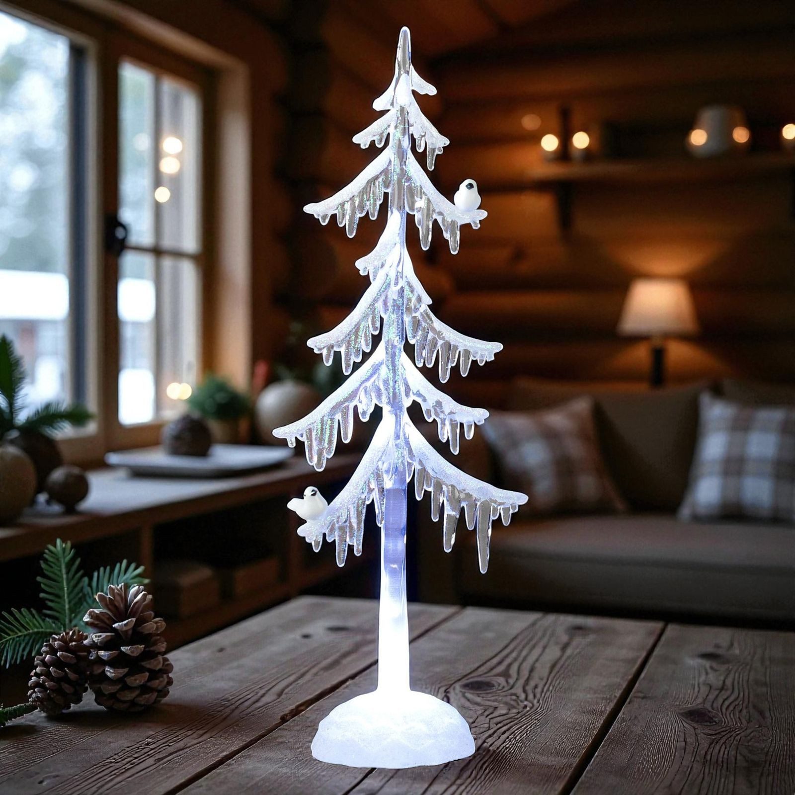 formano LED Dekolicht Weihnachtsbaum Acryl 25cm Dekobaum mit Licht & Vogel Herbst Winterdeko, LED fest integriert – Bild 4 von 5