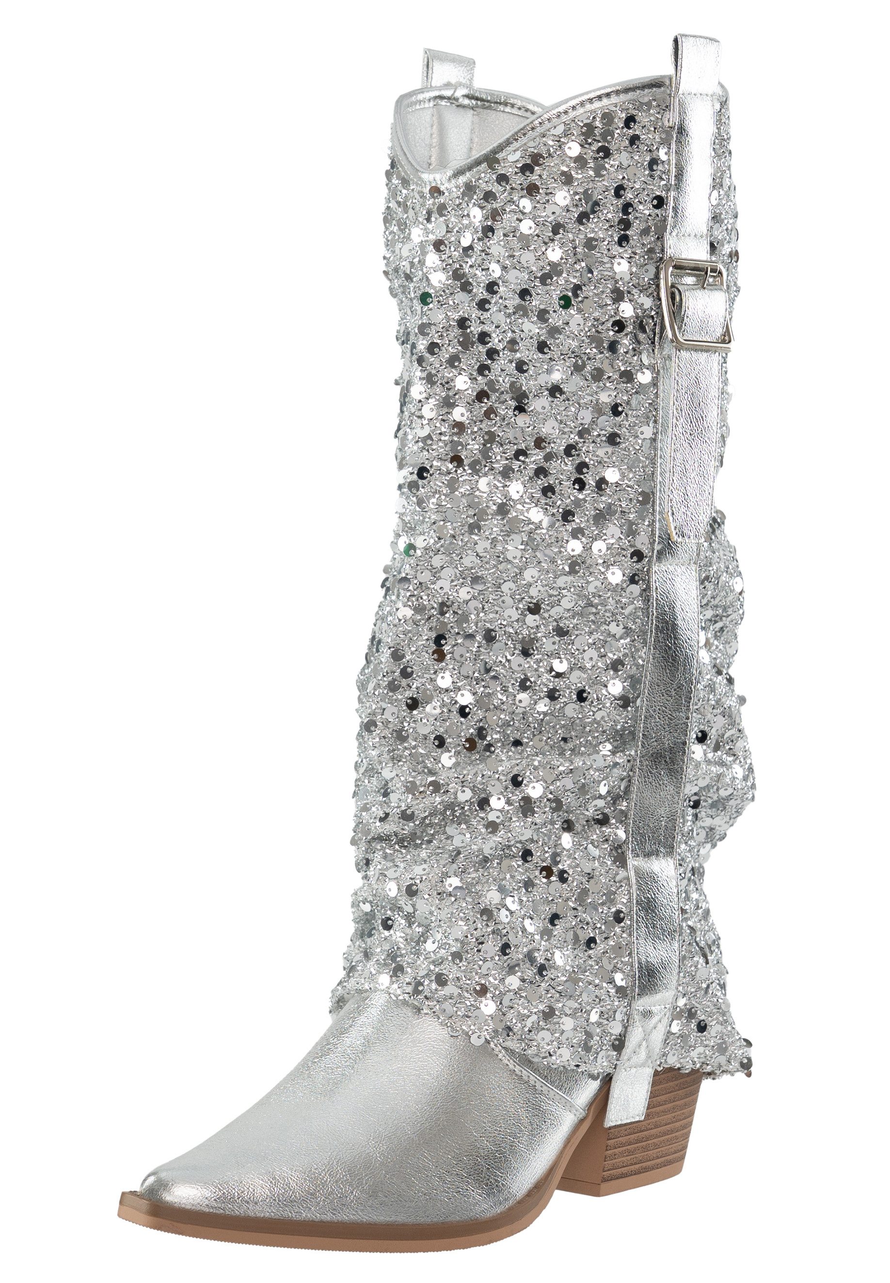 Salinyang Pailletten Stiefel Damen Cowboy Boots Kunstleder Stiefel Glitzer Look Stiefel