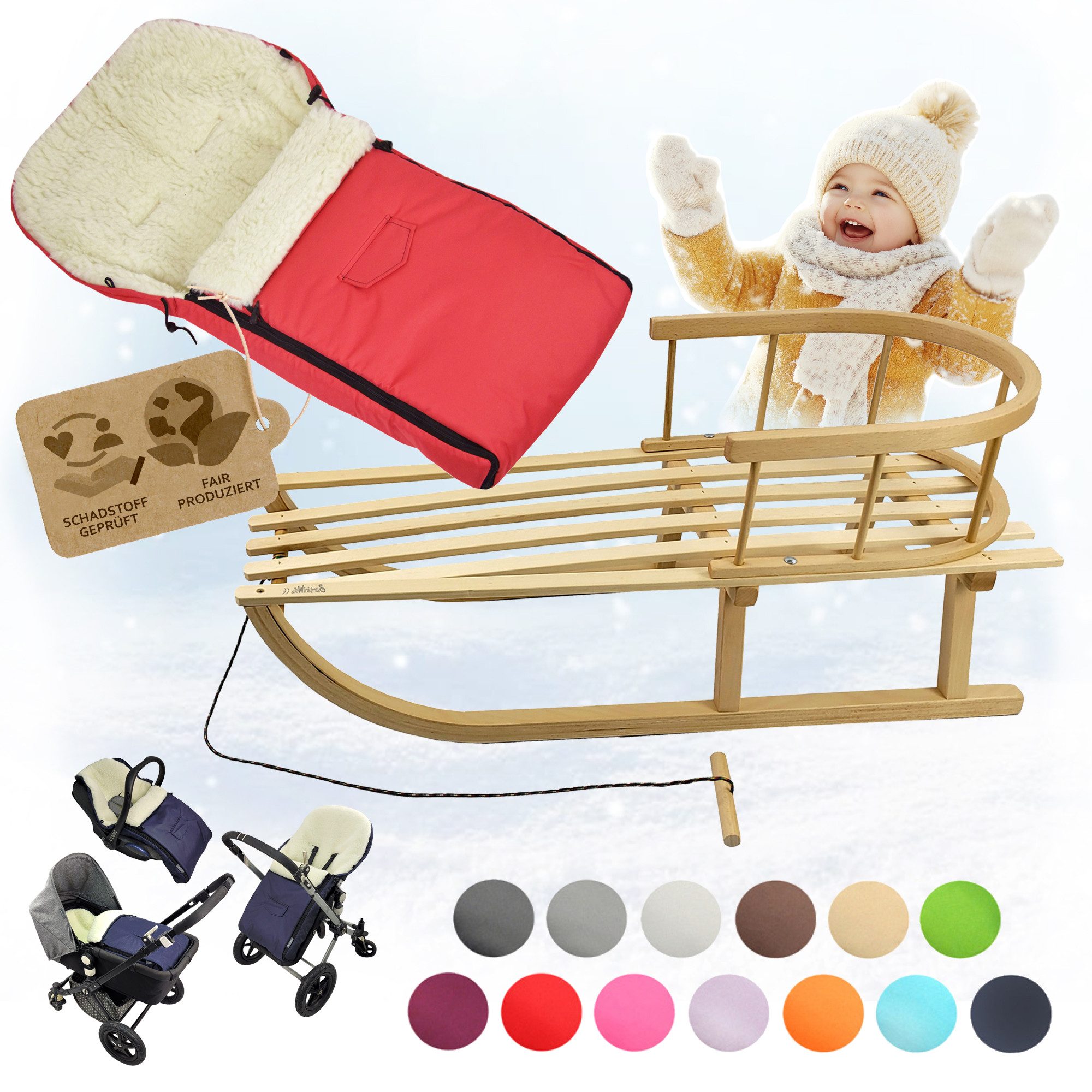 BambiniWelt by Rafael K. Schlitten CE-HOLZSCHLITTEN mit Rückenlehne Zugleine + WINTERFUßSACK Wolle 90cm, Kombi-Angebot