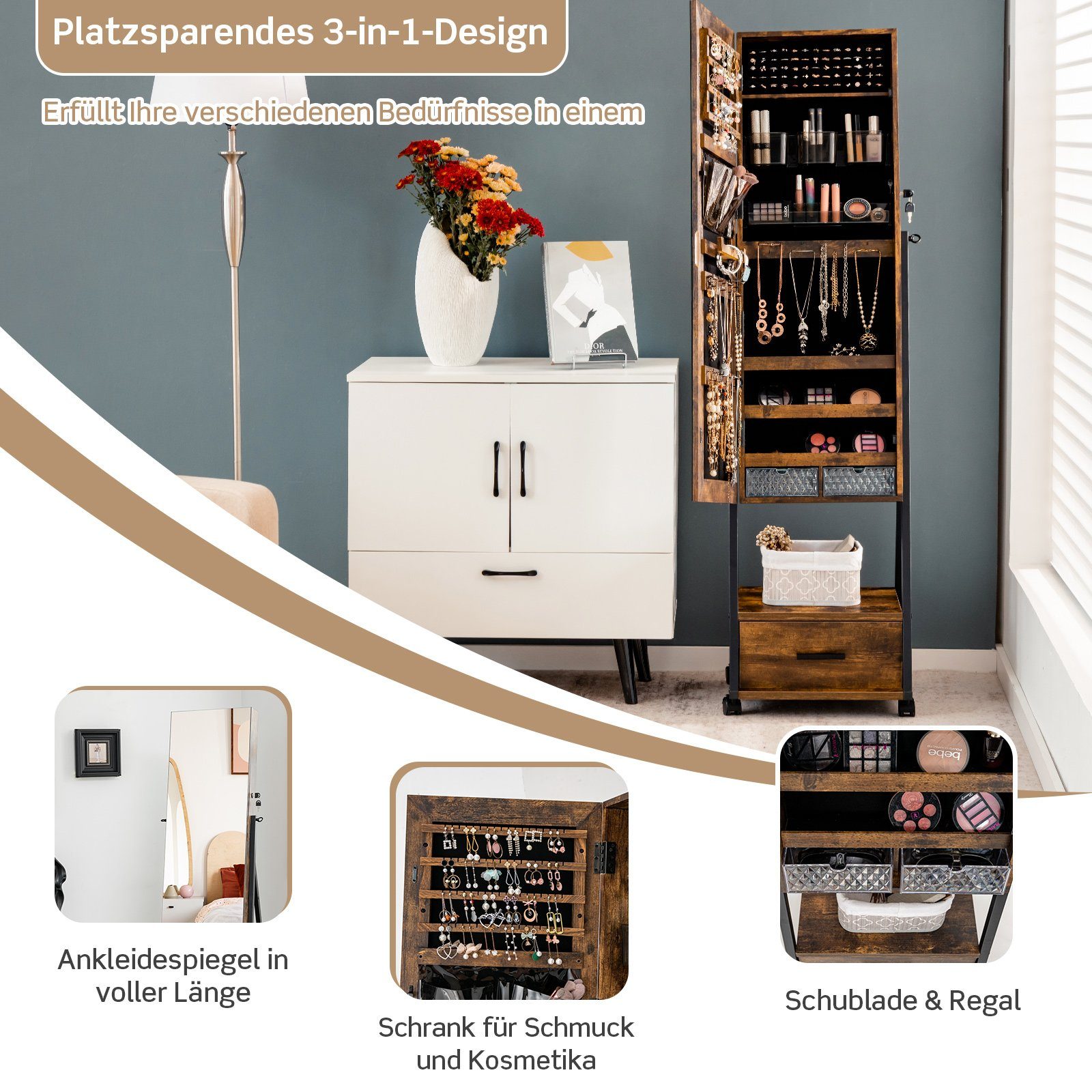 COSTWAY Schmuckschrank mit Spiegel, Schublade, stehend, günstig online kaufen