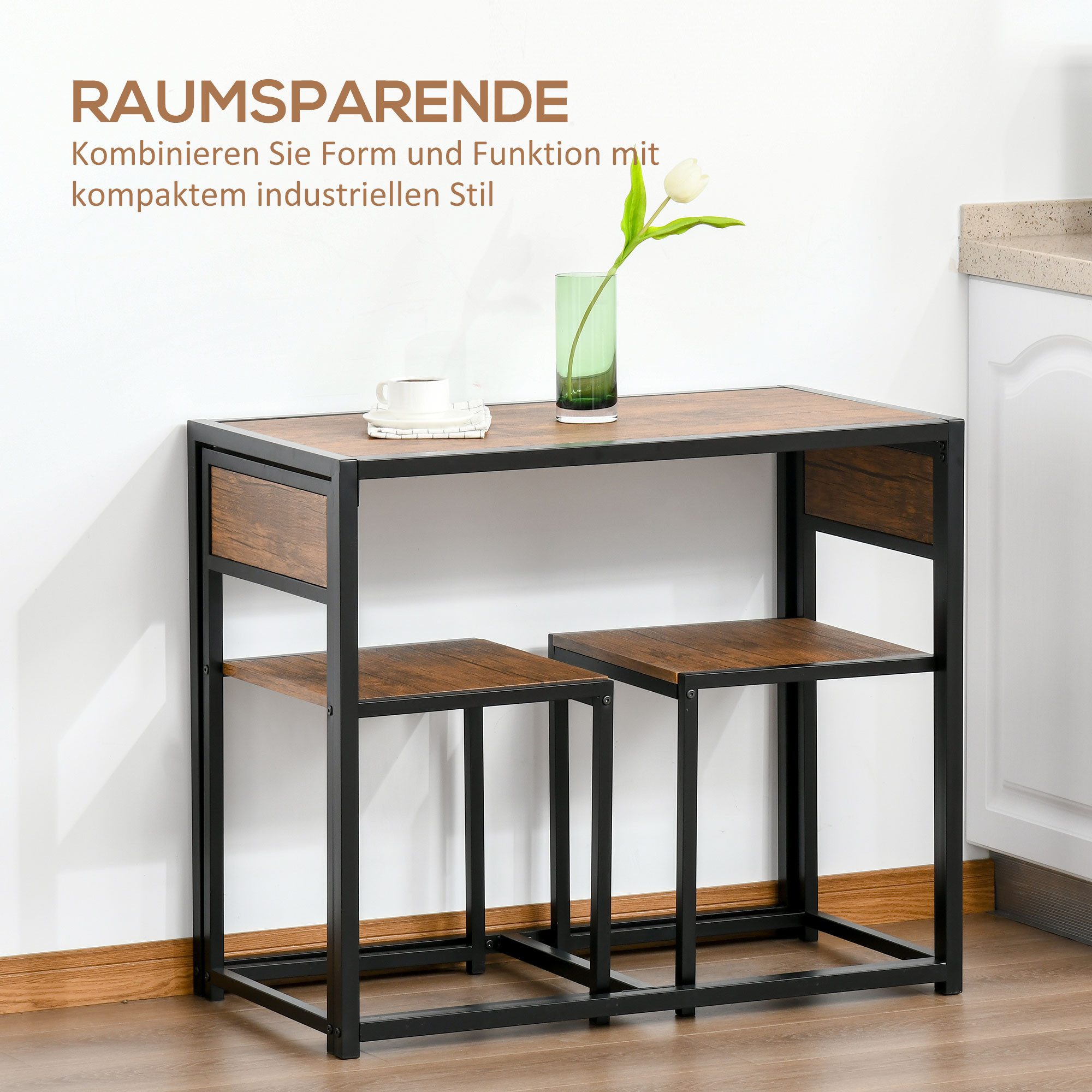 OKWISH Essgruppe mit 2 Stühlen aus Metall & MDF für kleine Räume, (76H x 90B x 47T cm + 73H x 40T x 40B cm, 3-tlg., Küchentisch & Esstisch-Set für Esszimmer, Küche & Balkon), Platzsparende, für den täglichen Gebrauch & kompakte Wohnbereiche