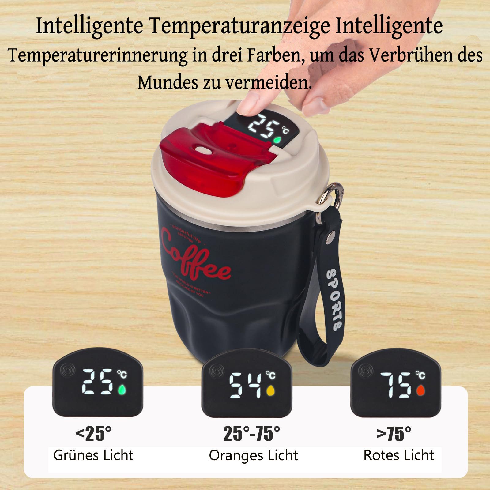 Minicloss Thermobecher 360ml Thermobecher Edelstahl, Kaffeebecher to go Thermo, mit Deckel Auslaufsicher, Intelligente Temperaturanzeige Isolierbecher – Bild 3 von 5