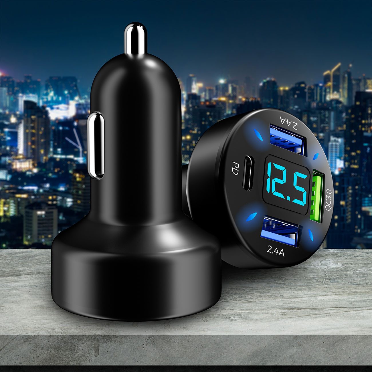 Casativo Beleuchtetes 4 Port Auto USB-Ladegerät USB-Ladegerät (1-tlg., 50 Watt, Spannungsanzeige, 1x USB-C & 3x USB-A) – Bild 3 von 5