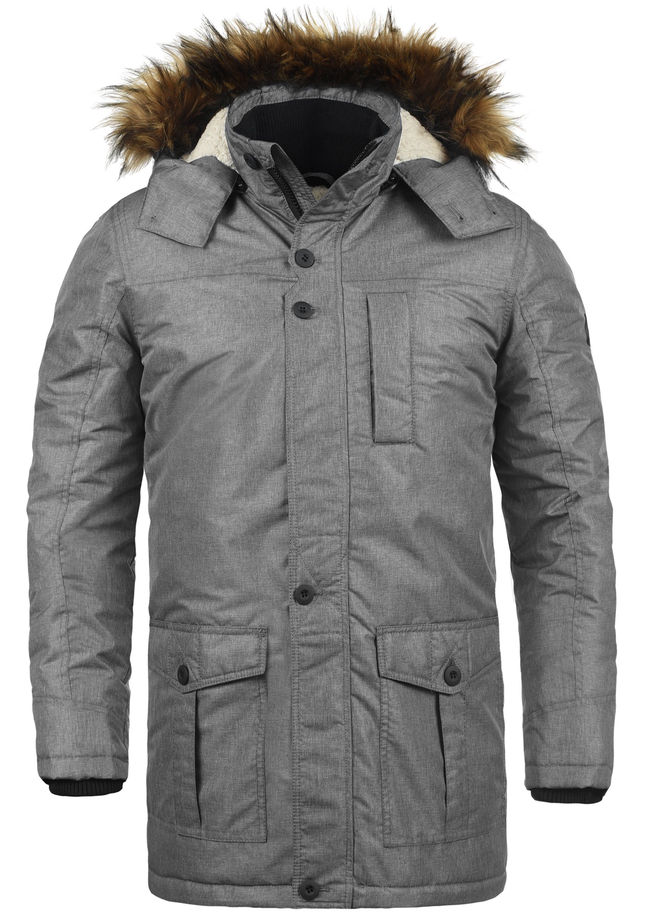 !Solid Winterjacke SDOctavus lange Jacke mit abnehmbarer Kapuze und Kunstfellkragen Grey Melange (8236)