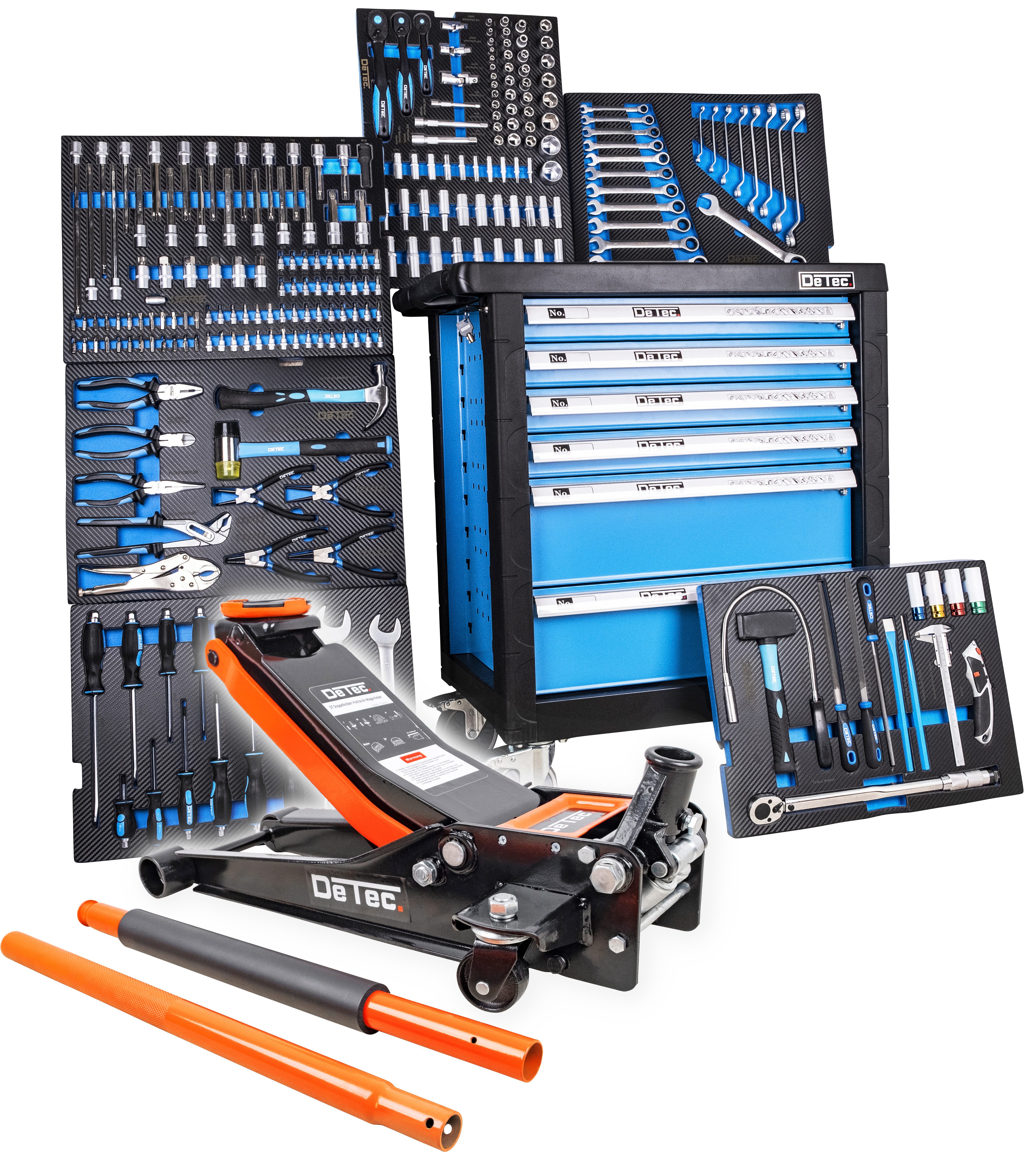 DeTec. Тележка для мастерских 3066 Werzeugkiste gefüllt 6/6 Schubladen+DeTec. Wagenheber 3 T Orange, Werkzeugeinleger mit pflegeleichtem Carbon-Finish
