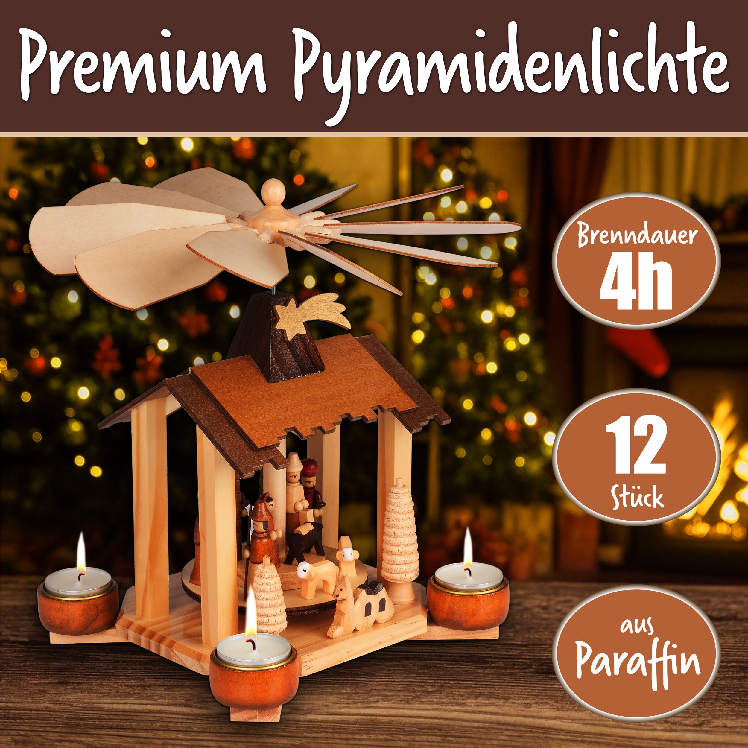 BRUBAKER Teelicht Pyramidenteelichter aus Paraffin mit Metallhülle - Pyramidenlichte (Extra Große Flamme, 12-tlg., Lange Brenndauer), Pyramiden-Teelichter für Weihnachtspyramiden & Weihnachtsdeko