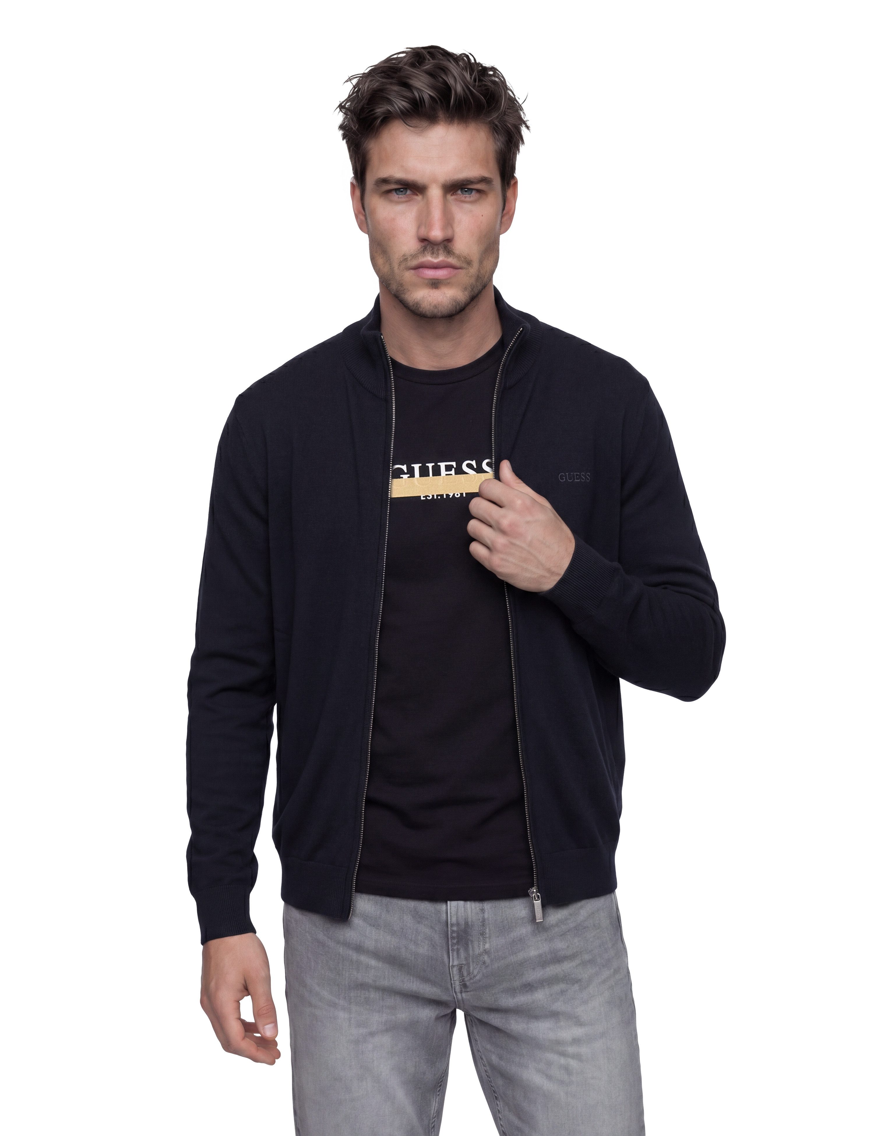 Guess Strickjacke MAGNUS mit Woll- und Seiden-Anteil, Stehkragen, Regular Fit