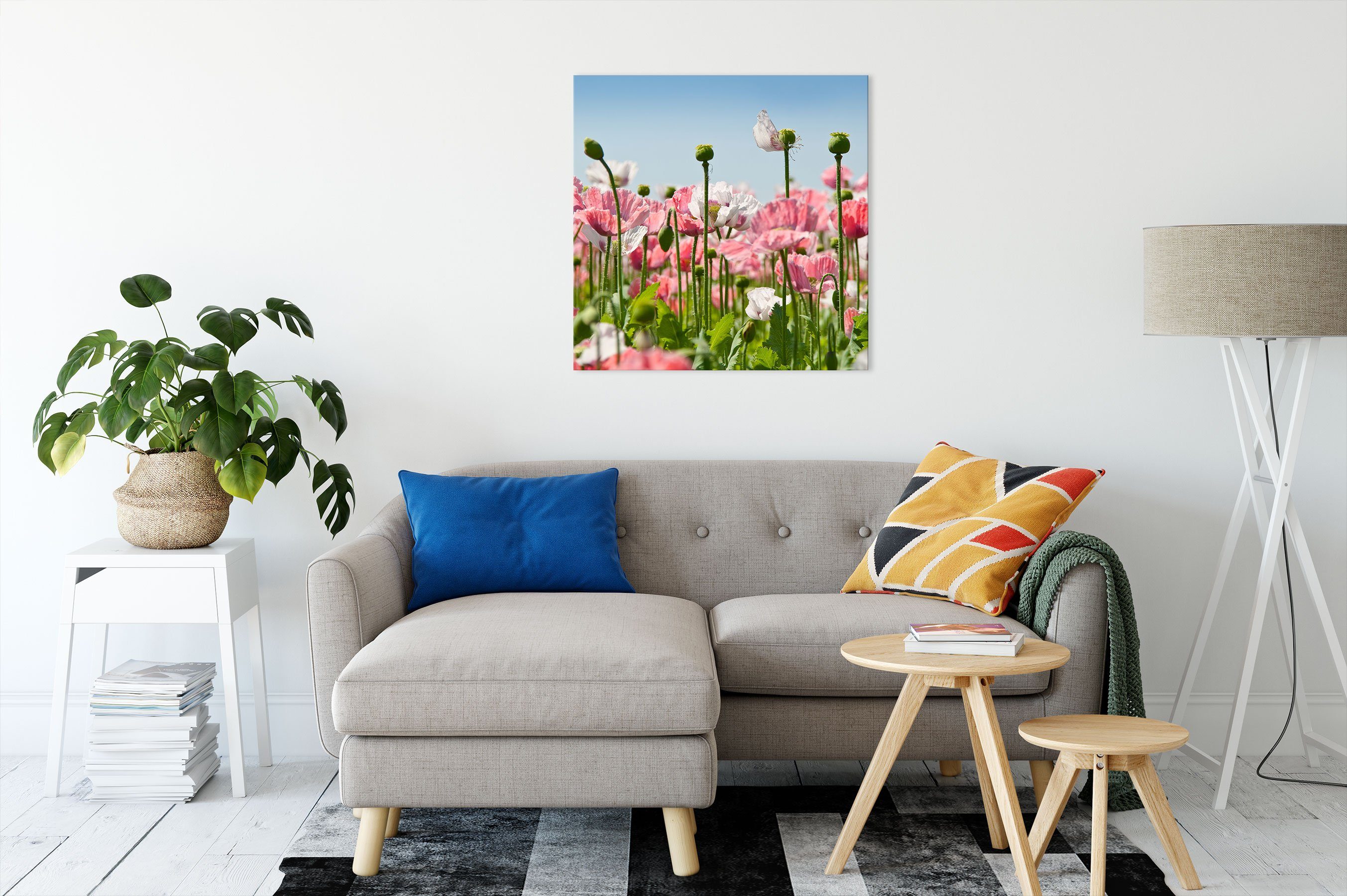 Pixxprint Leinwandbild Blumenwiese Mohnblumen, St), inkl. (1 fertig Leinwandbild Blumenwiese bespannt, Mohnblumen Zackenaufhänger