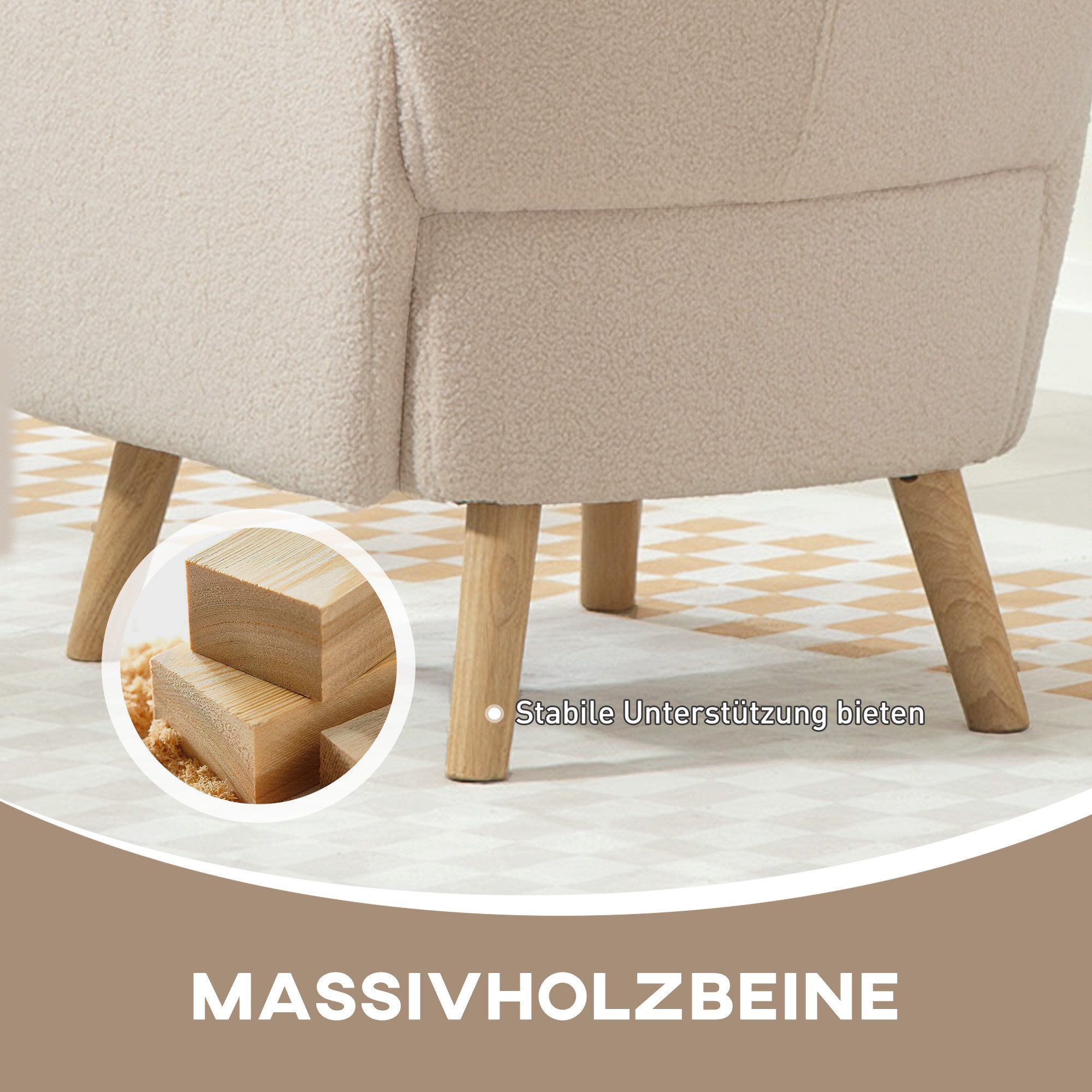 HOMCOM Relaxsessel Ohrensessel mit Lendenkissen, Geplosterter Sessel, Holzbeine (Loungesessel, 1-St., Relaxsessel), für Wohnzimmer, Schlafzimmer, Beige – Bild 5 von 5