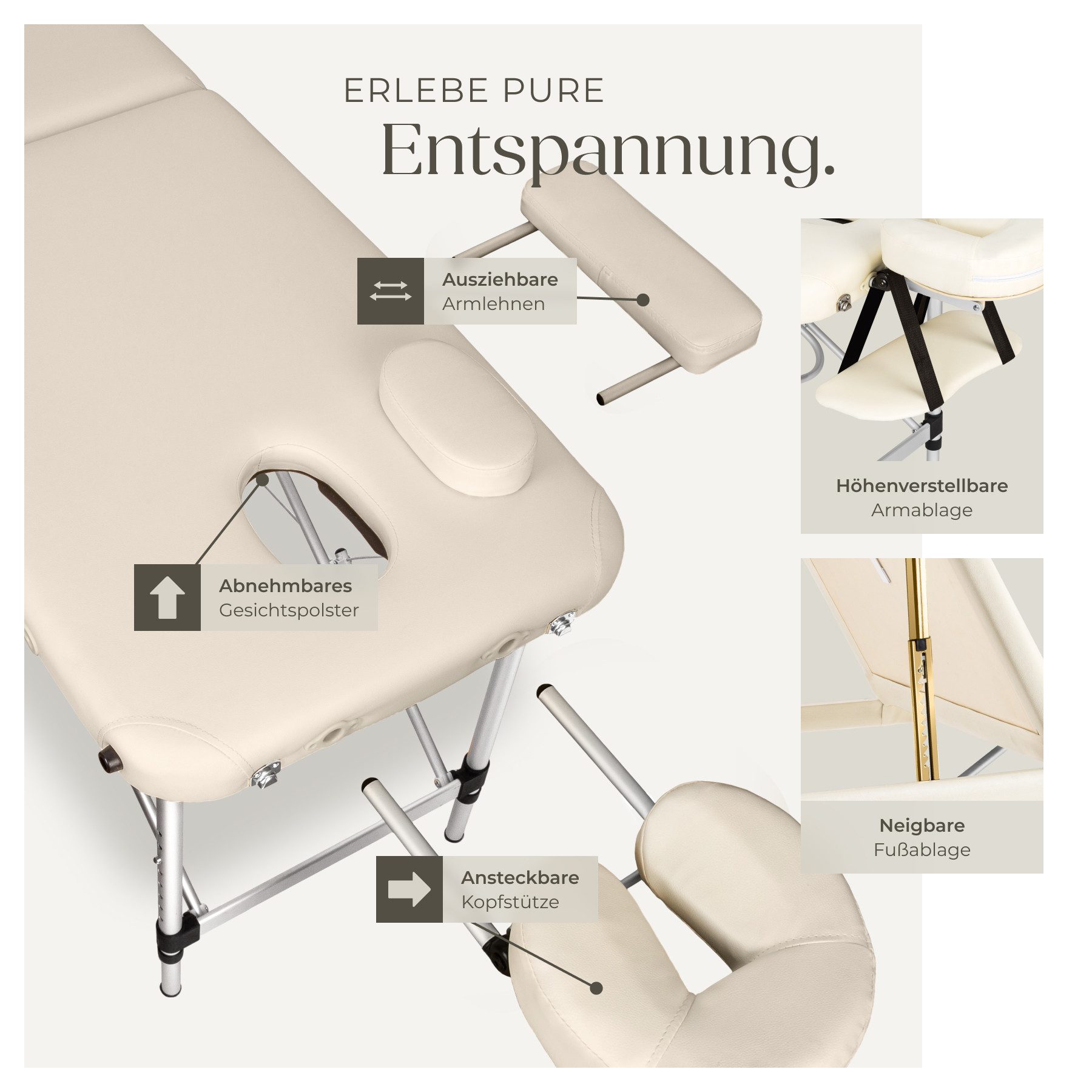 tectake Massageliege 3 Zonen Kosmetikliege mit 5cm Polsterung und Aluminiumgestell (Set, 1-St., mit Tragetasche), klappbar und höhenverstellbar, verstellbare Ablagen für Kopf und Arme