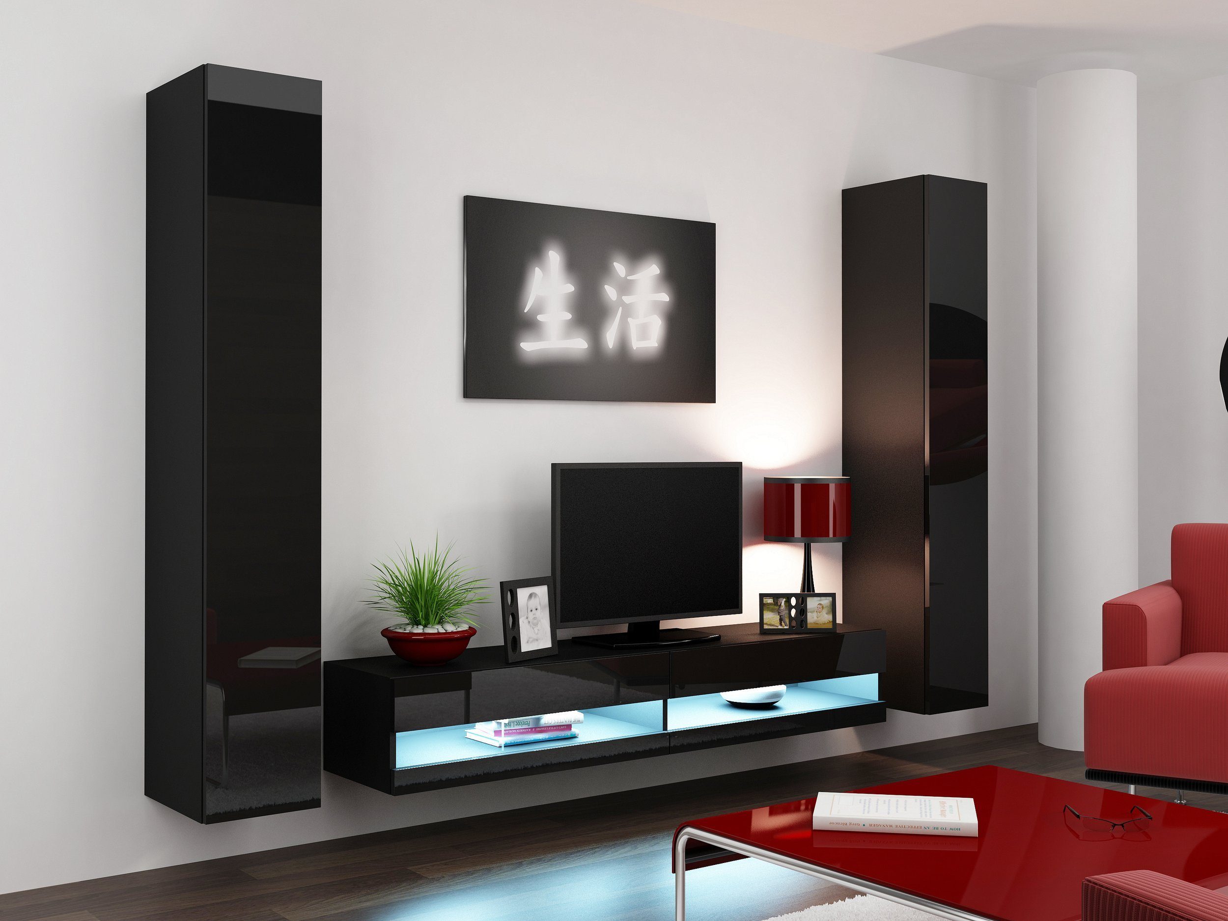 Stylefy Wohnwand Vago LED-Beleuchtung Push-to-Open, Wohnzimmer-Set), Hochglanz und aus 1xLowboard IV, Wohnmöbel, (Set inkl. Schwarz/Schwarz 2xHängeschrank, Hochglanzfronten, bestehend N (3-St), mit