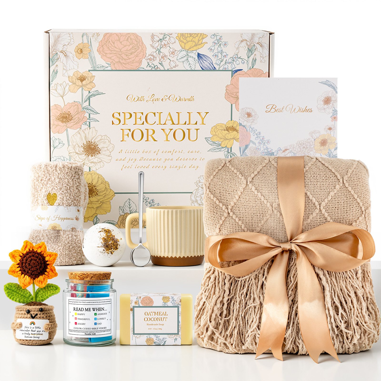 Insma Pflege-Geschenkbox 8tlg Geburtstagsgeschenke, Selbstpflegegeschenkeset für Frauen, Mütter, Schwestern, Ehefrauen, Inklusive Weiche gestrickte Decke, 1 Paar Socken,Keramiktasse, Seife