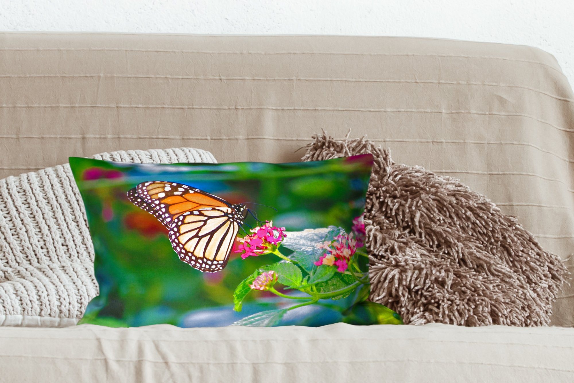 Wohzimmer - Schmetterlinge Schlafzimmer Dekoration, Dekokissen Zierkissen, - mit Blume Natur, MuchoWow Dekokissen Füllung,