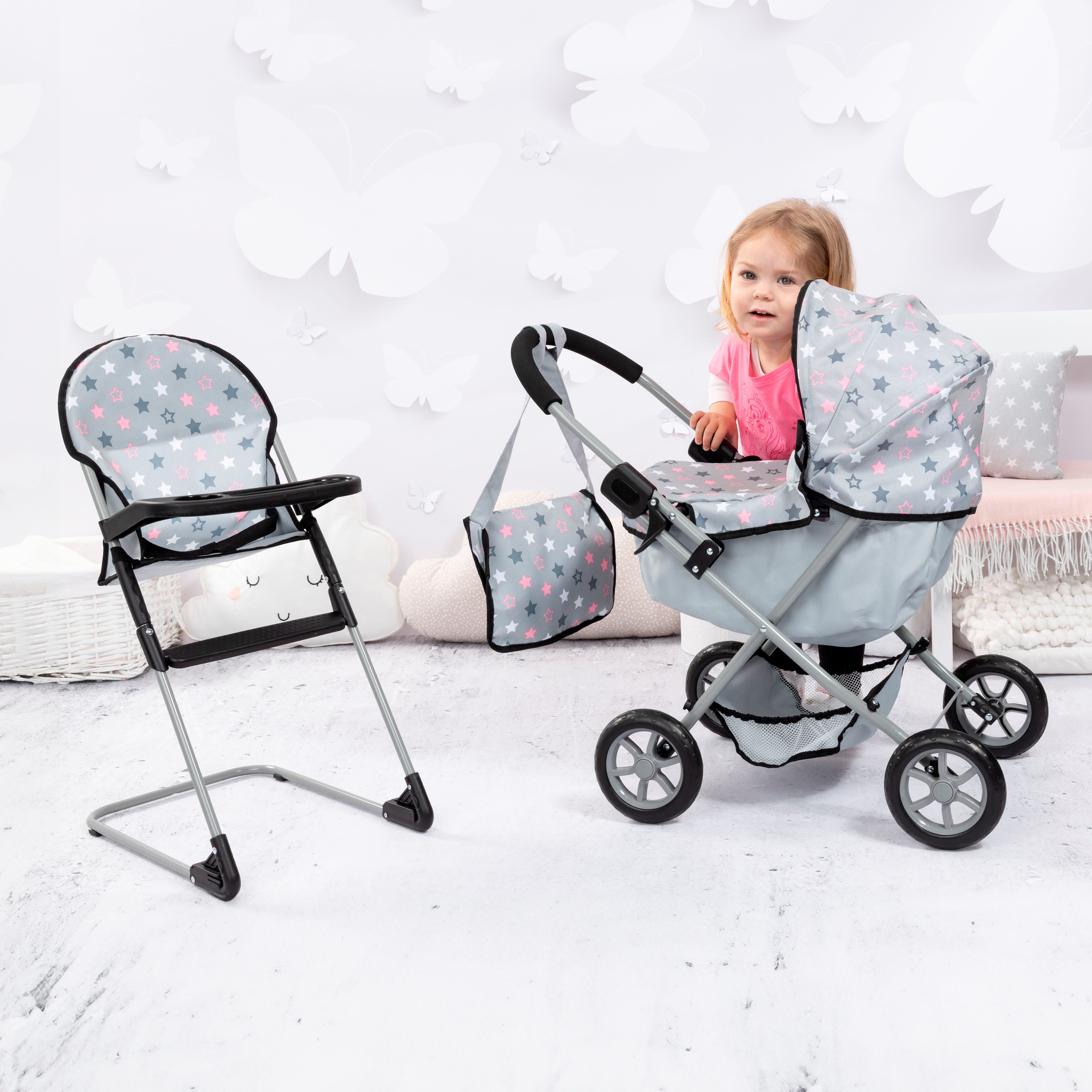 Bayer Puppenwagen Cosy Set, grau, mit Puppenhochstuhl und Wickeltasche