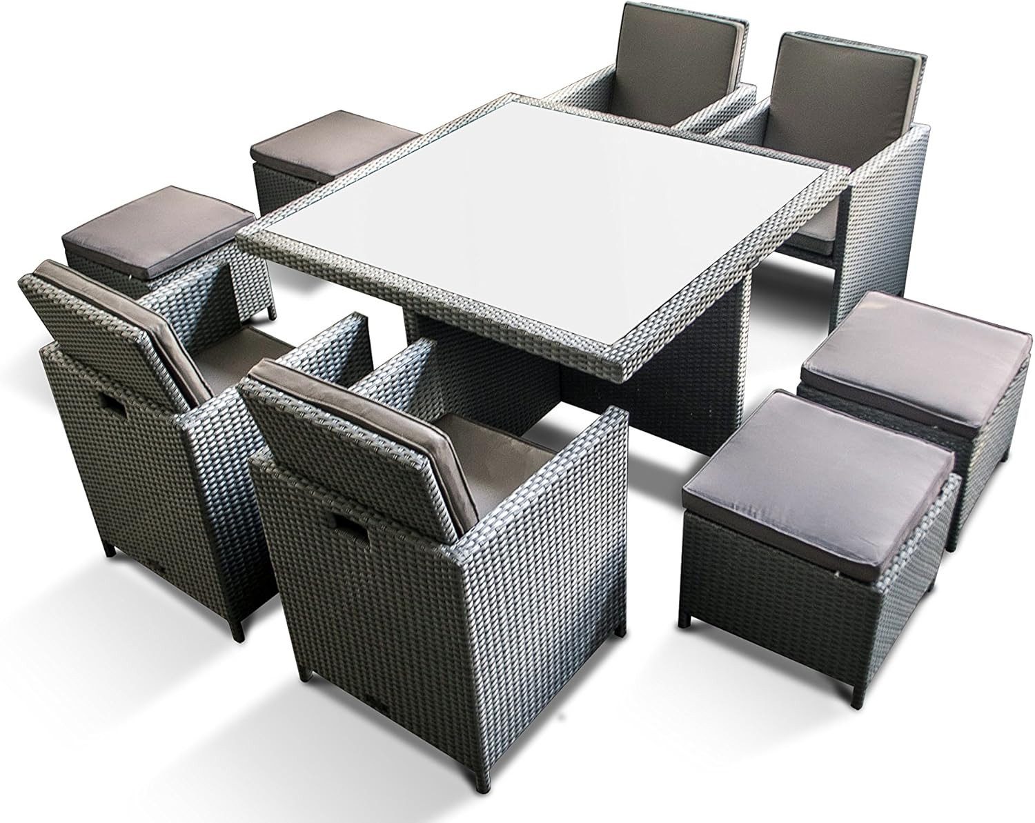 Ragnarök Möbel-Design Garten-Essgruppe Garten-Essgruppe Esstisch Set Heimdall 4+4, (Set, 4 vormontierte Sessel, 4 Hocker und 1 Tisch), Premium 4+4 Gartenmöbel-Set mit verschweißten Aluminiumgestellen
