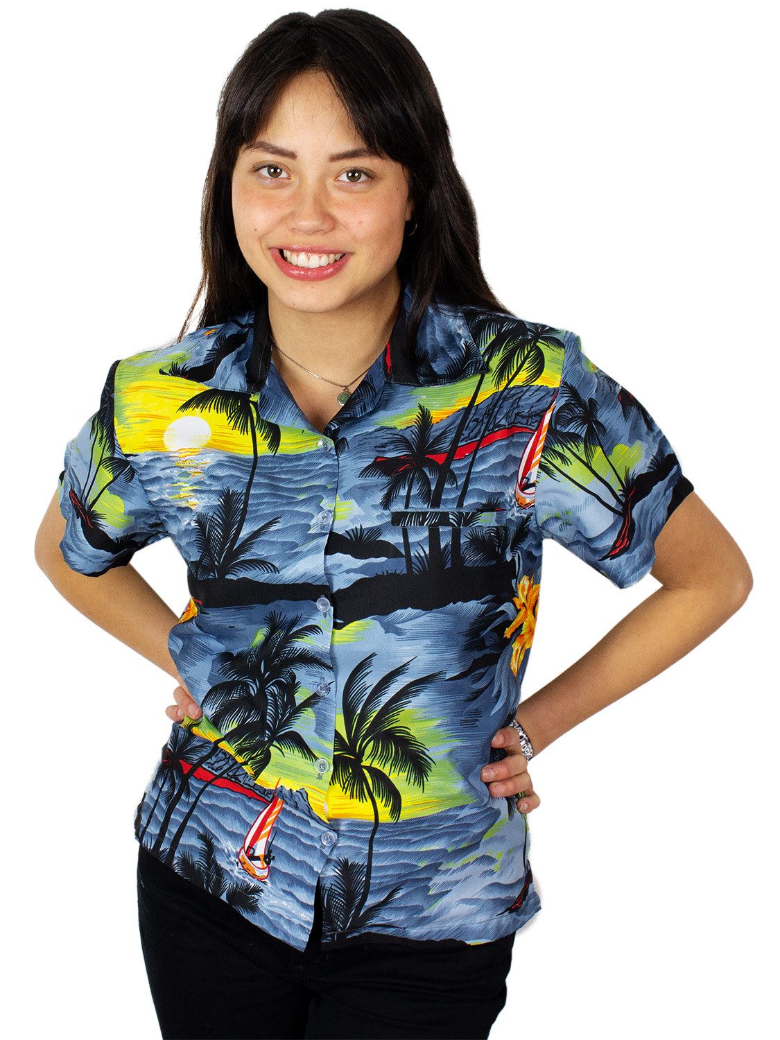 King Kameha Hawaiihemd Surf Funky Hawaiibluse Damen Kurzarm Front-Tasche Stylish