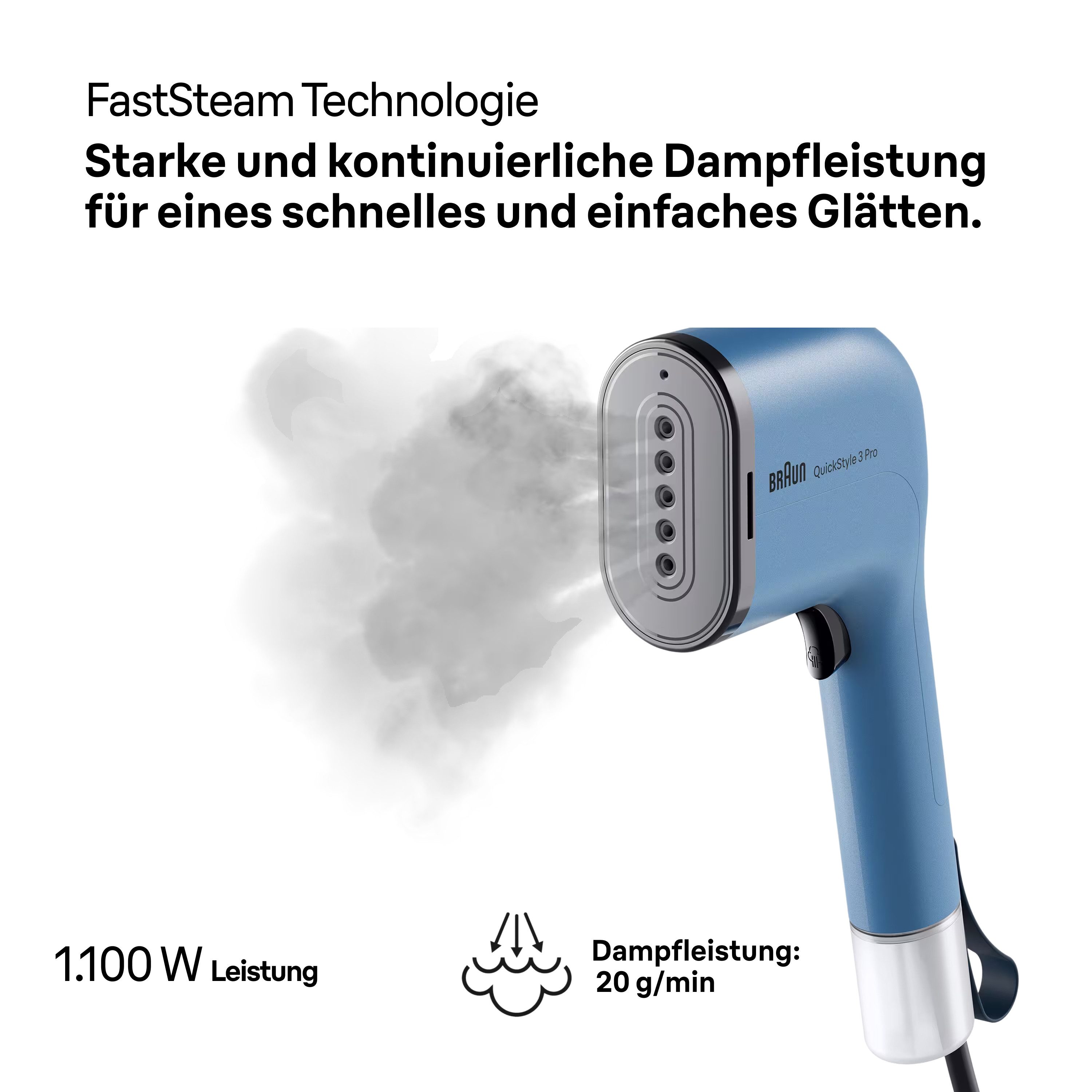 Braun Dampfbürste QuickStyle 3 GS 3024 BL - 22 g/min Dampfmenge, 30 Sek. Aufheizzeit, 1100 W, 1.100 W, 70 & 120 ml Wassertank, hitzebeständige Tasche, 2,0 m Kabel