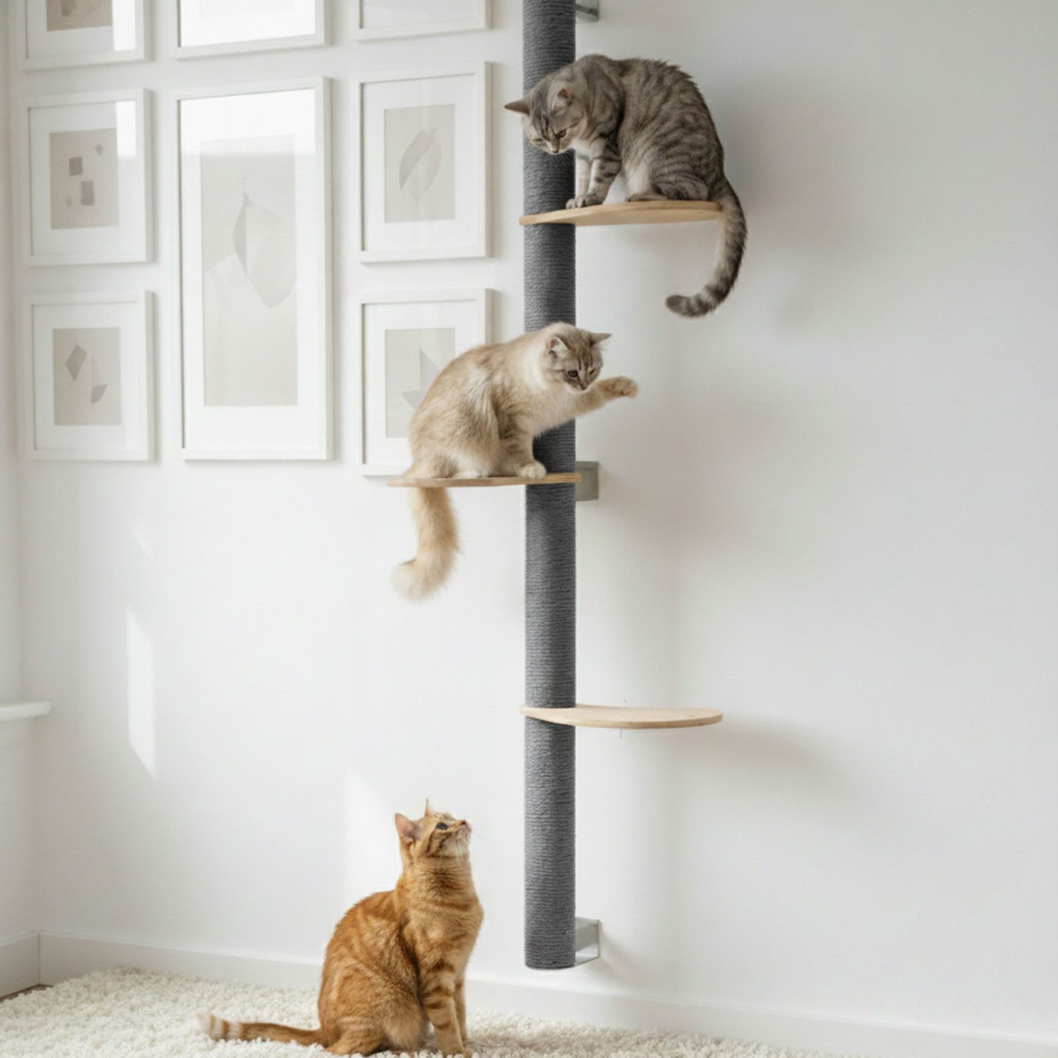 eyepower Kratzbaum zur Wandmontage - 170cm Wandkratzbaum für Katzen mit 3 Bambus Plateaus, Sisalstamm Wand - Katzenkratzbaum platzsparend - Kletterwand Katze