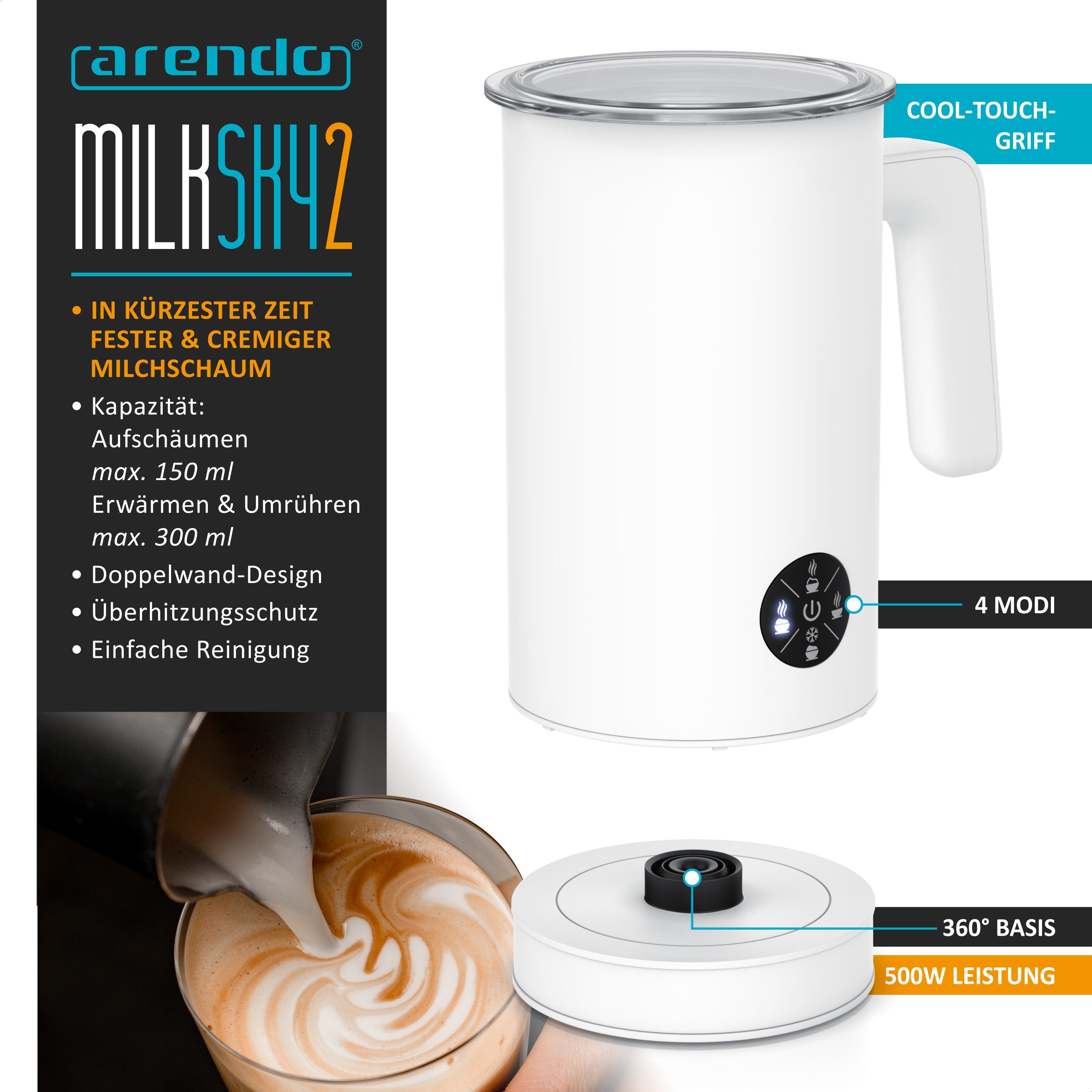 Arendo Milchaufschäumer elektrisch, Doppelwandgehäuse, 4 Programme, Antihaftbeschichtung, 500 W, Heiß & Kaltaufschäumen (150 & 300 ml), für Cappucino / Latte Macciato