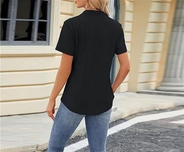 B.X 2-in-1-Shirt Damen kurzärmelig Jacquard V-Ausschnitt hohle Oberteile Revers Hemden Damen lässiges T-Shirt mit kurzen Ärmeln und lockerer Passform