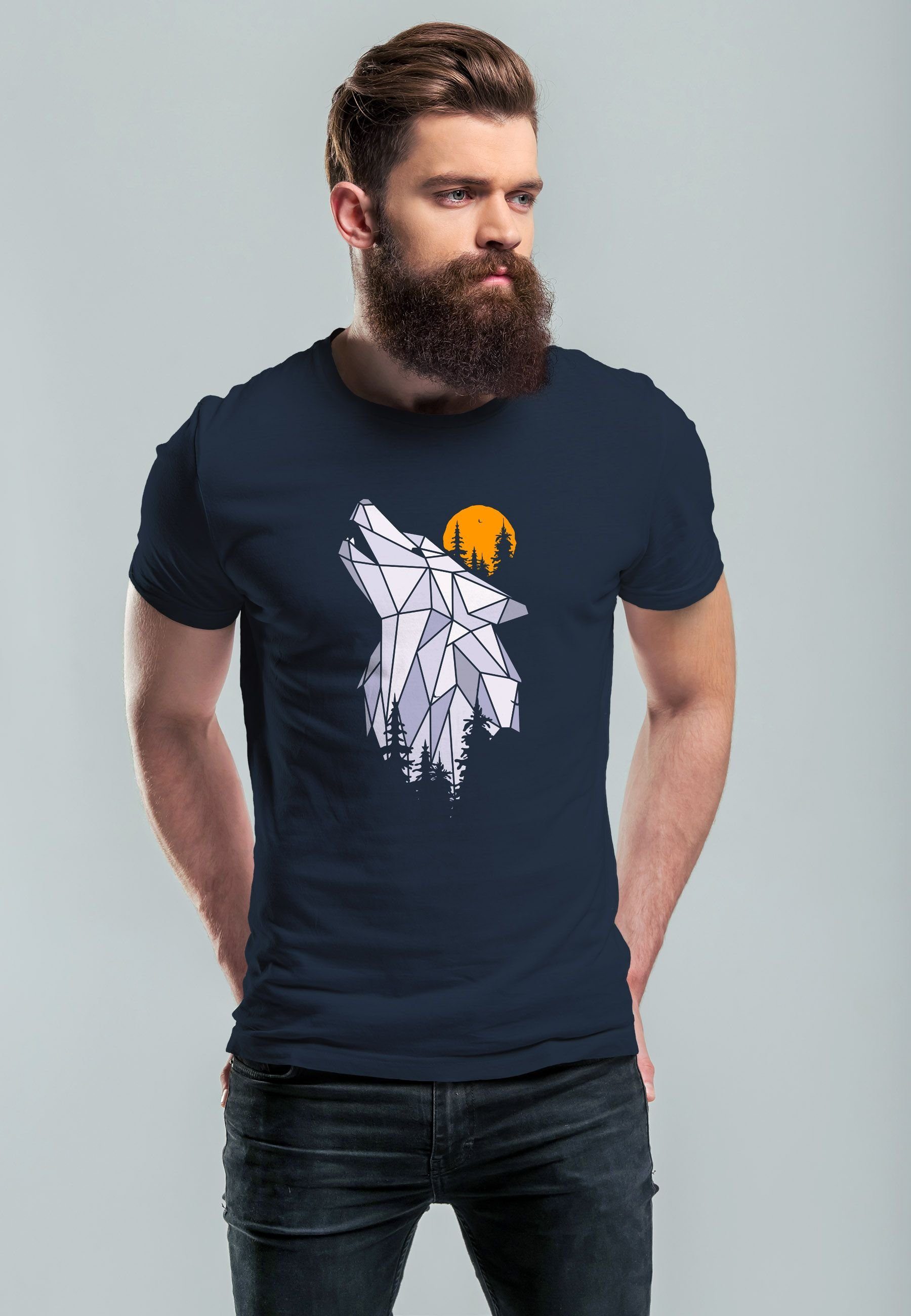 Wolf Print Print mit Wald Natur Herren Adventure Neverless Tiermot Print-Shirt T-Shirt Outdoor Polygon navy