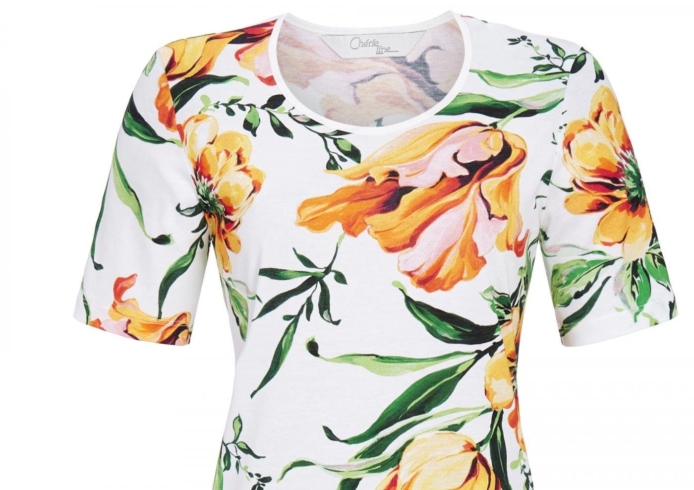 Chérie Line Nachthemd mit Blumenmotiv 'Tropical' 3271009, Weiß Apricot