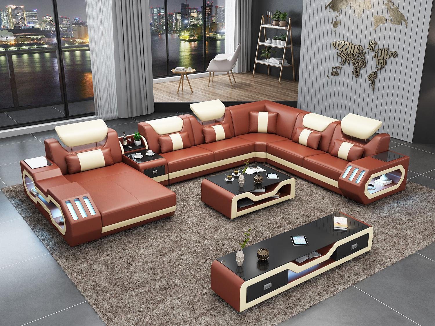 U-Form JVmoebel Leder Couch Ecksofa Grau Rot/Weiß Modern Couchtisch Polster Design Wohnzimmer-Set,