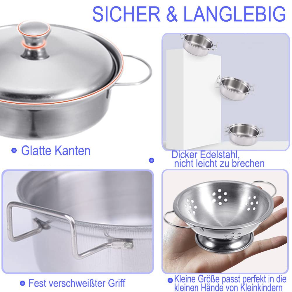 CLTYQ Kinder-Küchenset Mini Kinderküchen Zubehör – Edelstahl Kochgeschirr Spielzeug Set, (11-tlg), Kochgeschirr Set, Rollenspiel Küchenzubehör,Simulations-Kochspiel