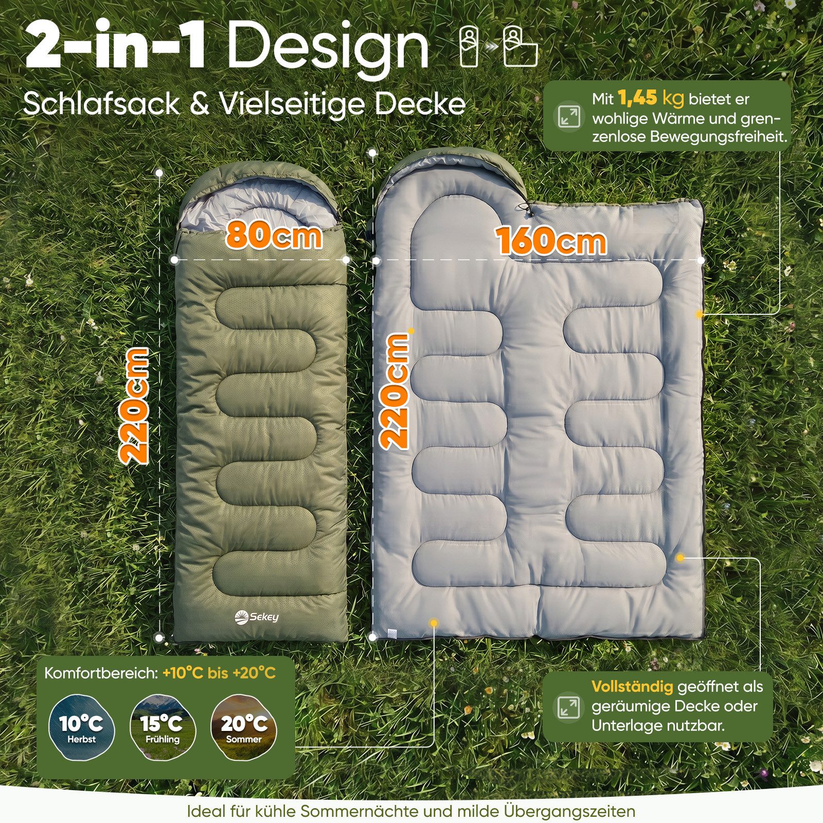 Sekey Deckenschlafsack 3 Jahreszeiten Schlafsack 220x80 cm 10–20°C Deckenform mit Kapuze, 2-in-1 Schlafsack & Decke – Atmungsaktiv, wasserabweisend