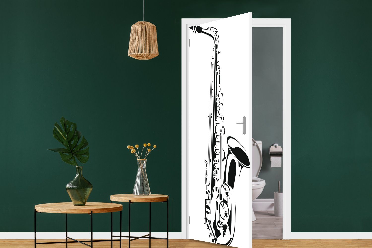 Matt, eines 75x205 Illustration Türtapete (1 bedruckt, Schwarz-Weiß MuchoWow in Türaufkleber, für St), Fototapete Detaillierte Saxophons, cm Tür,