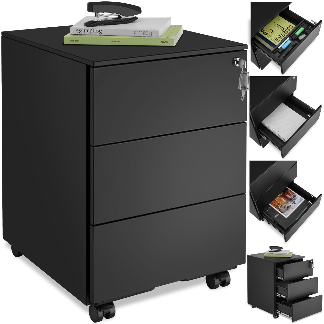 tectake Rollcontainer Aktenrollschrank, 39 x 45 x 55 cm, aus pulverbesch. Stahl, (Büroschrank Magna, in schwarz), 3 Schubladen, Einsatz für Büroutensilien, abschließbar