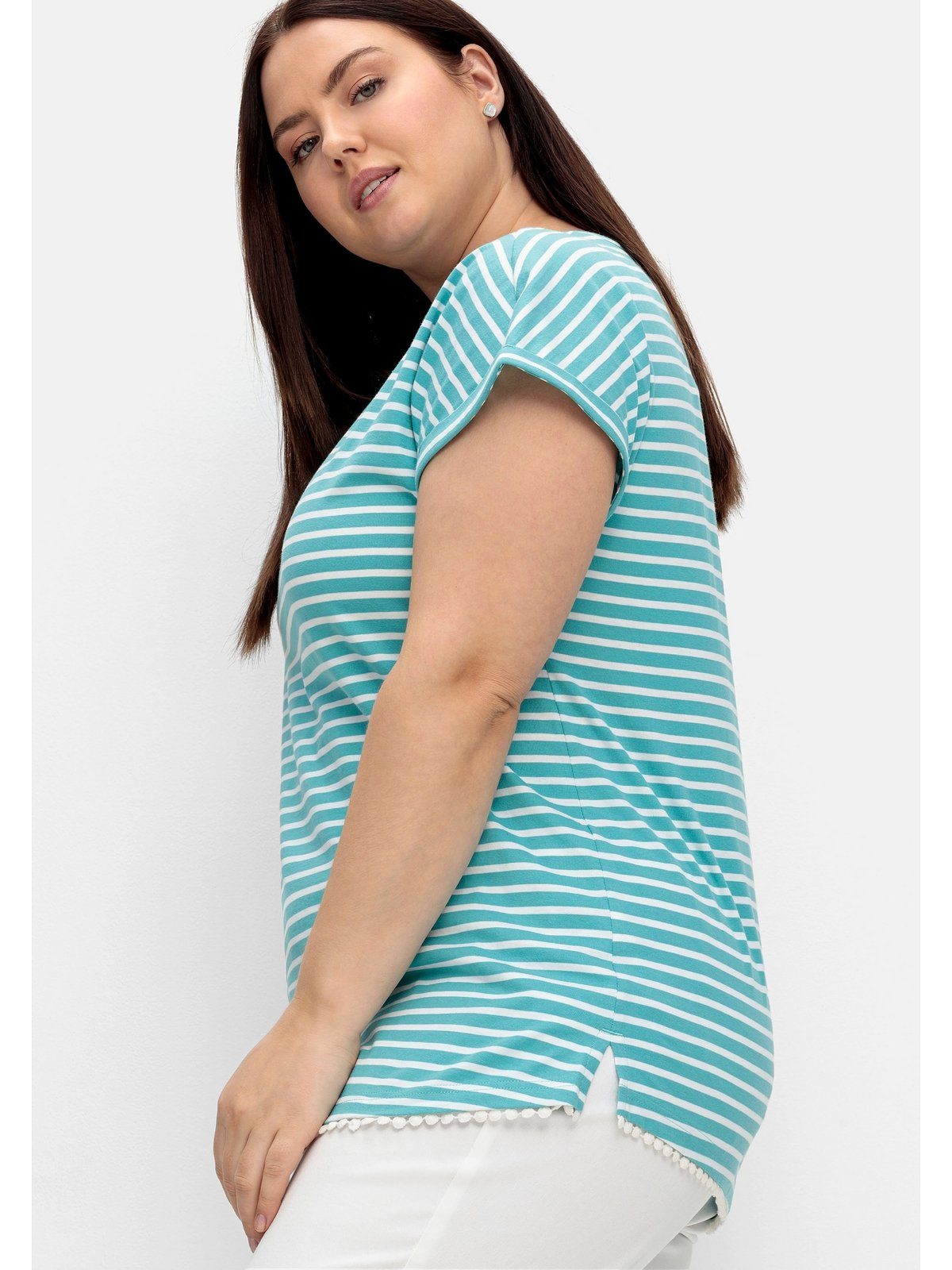 Sheego Oversize-Shirt aqua mit garngefärbten Dekokante Größen am Saum Große und Ringeln