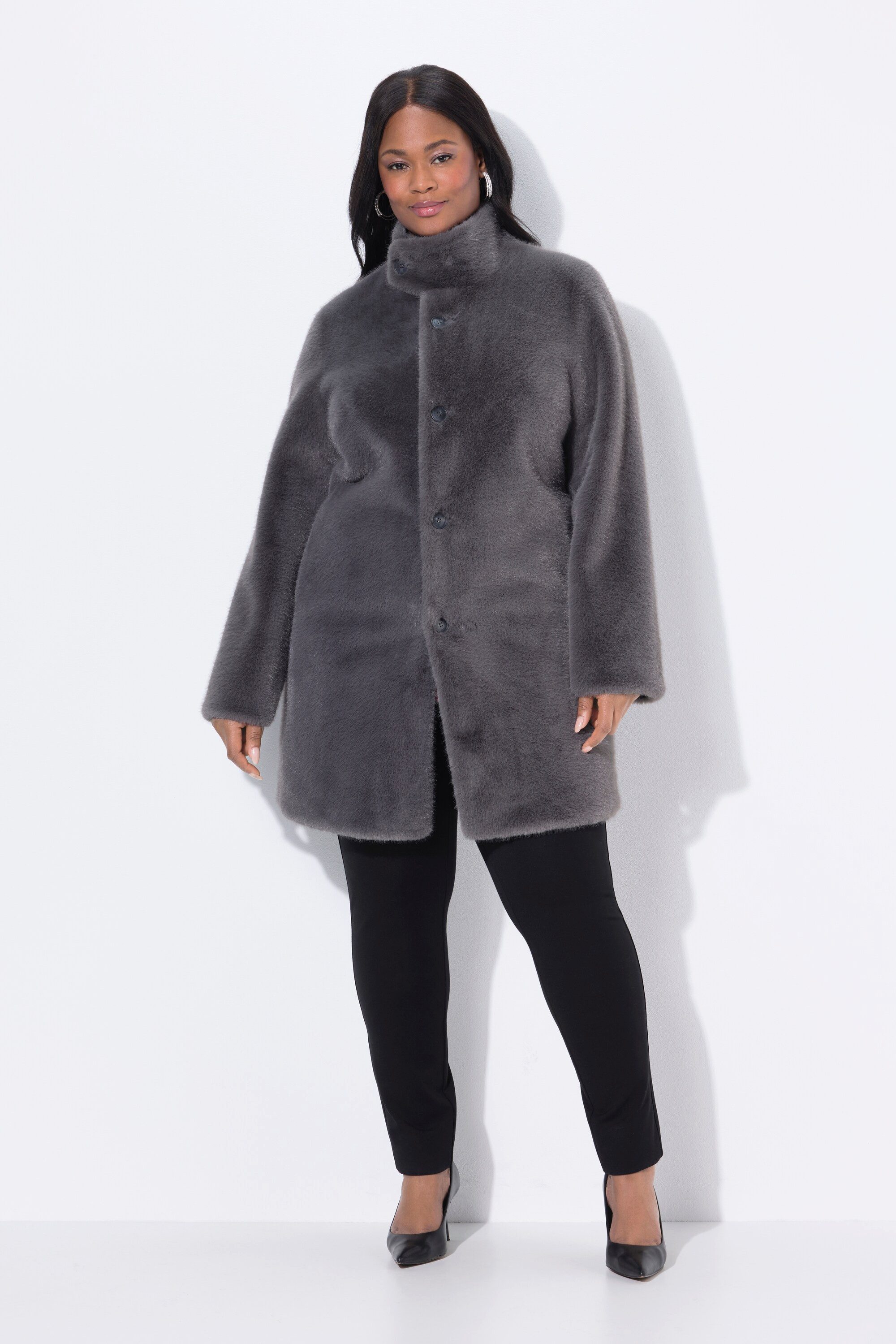 Ulla Popken Wintermantel Kunstfellbesatz-Kurzmantel A-Linie Stegkragen Druc günstig online kaufen