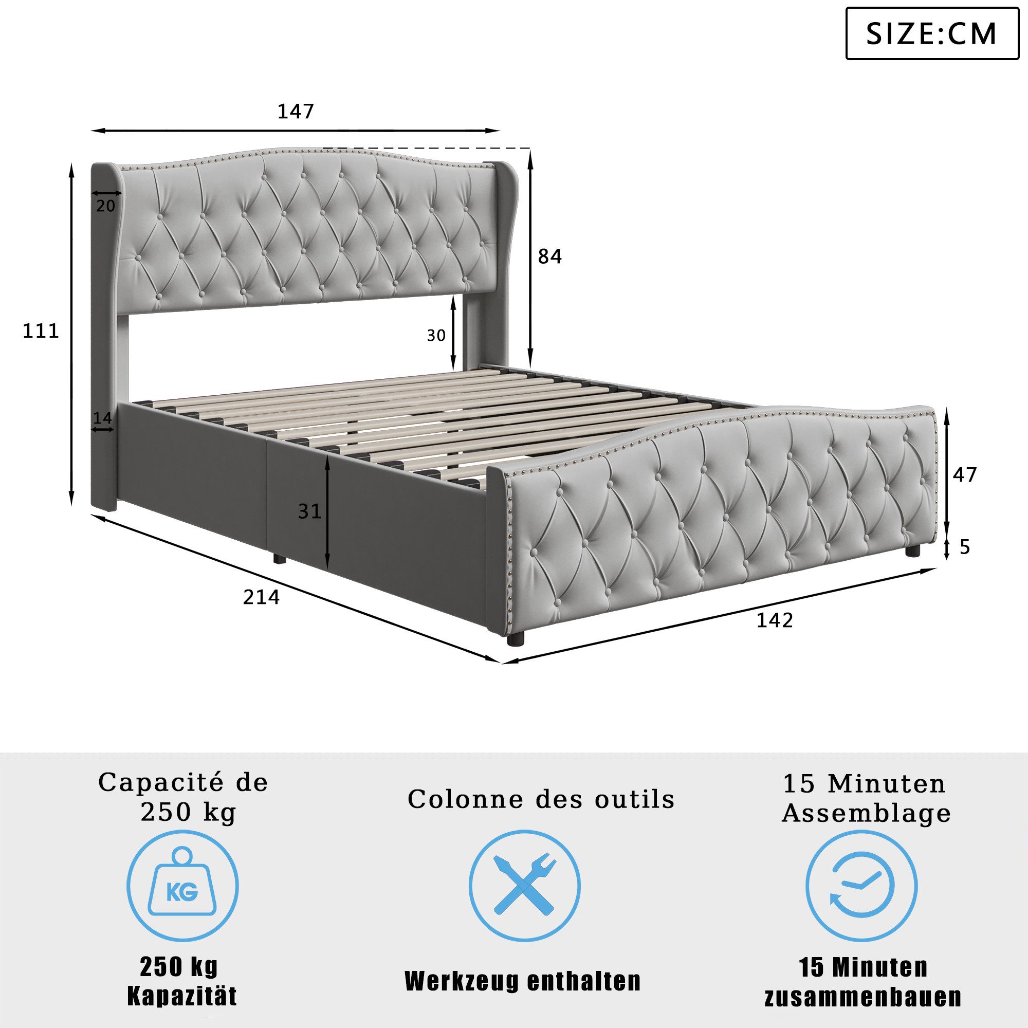 Furnishings Home Polsterbett Stauraumbett Doppelbett mit Bettkasten (Hydraulisch hebbarem Stauraum), Moderner Stil, Mit Stauraum, Lattenrost, Samt, 140x200 cm – Bild 3 von 5