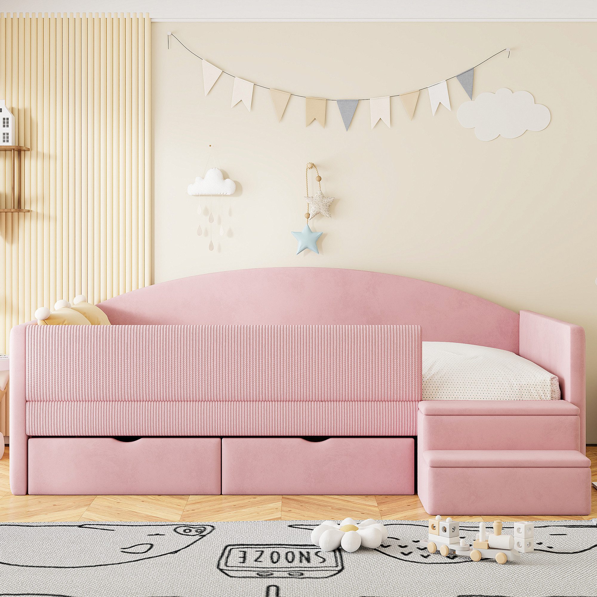 Flieks Polsterbett, Kinderbett Einzelbett 90x190cm mit 2 Schubladen Treppe Rausfallschutz