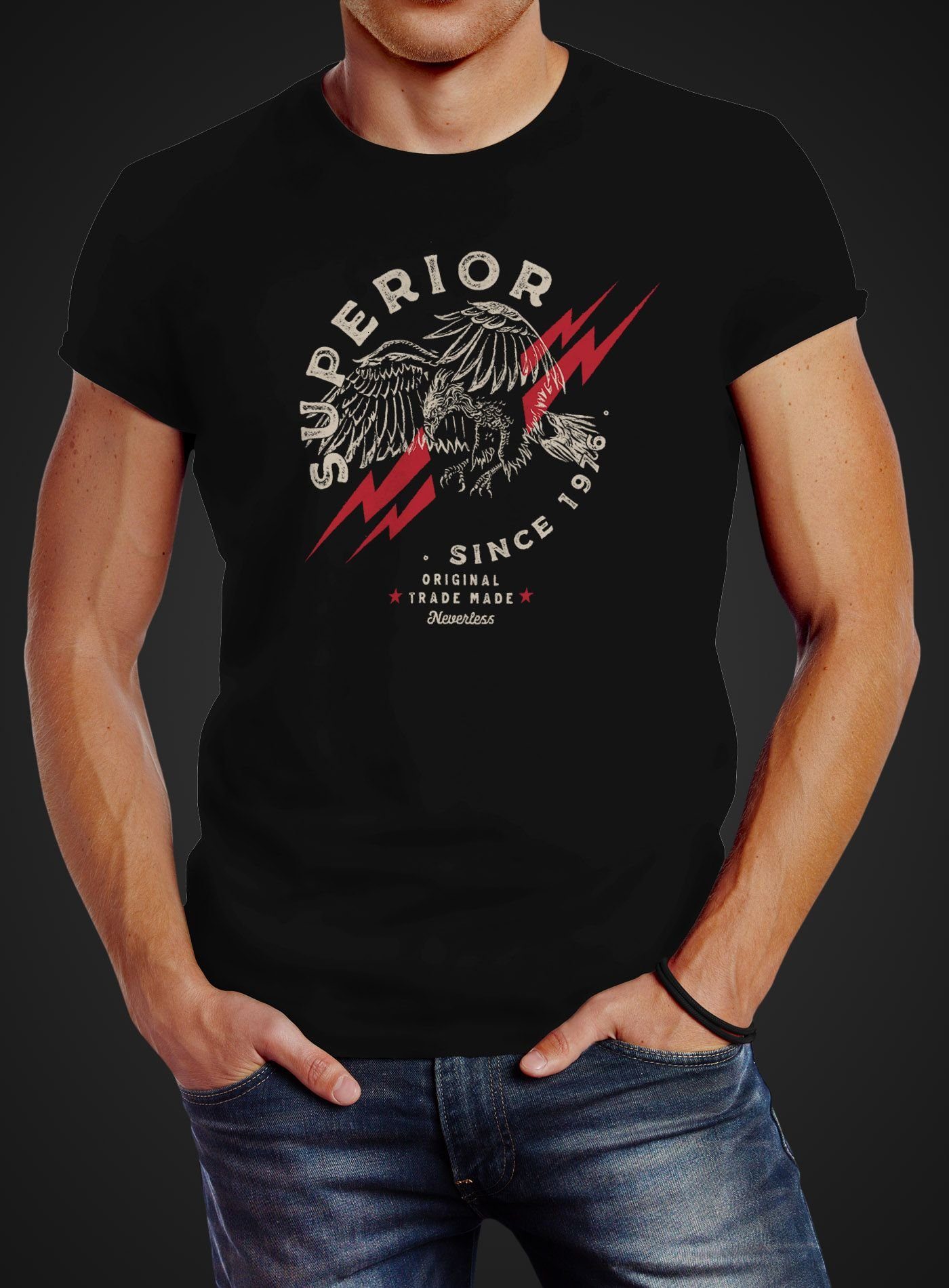 Print mit Adler Slim T-Shirt Print-Shirt Since 1976 Neverless schwarz Eagle Neverless® Print Fit Herren Superior