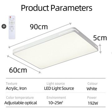 Natsen Deckenleuchte 192W LED Deckenlampe Rechteckig Leuchte, Dimmfunktion, Warmweiß bis Kaltweiß, 3200K-6000K, dimmbar mit Fernbedienung, 90 x 60 x 5 cm (Weiß), Eignet für Wohnzimmer, Gastzimmer, Büro