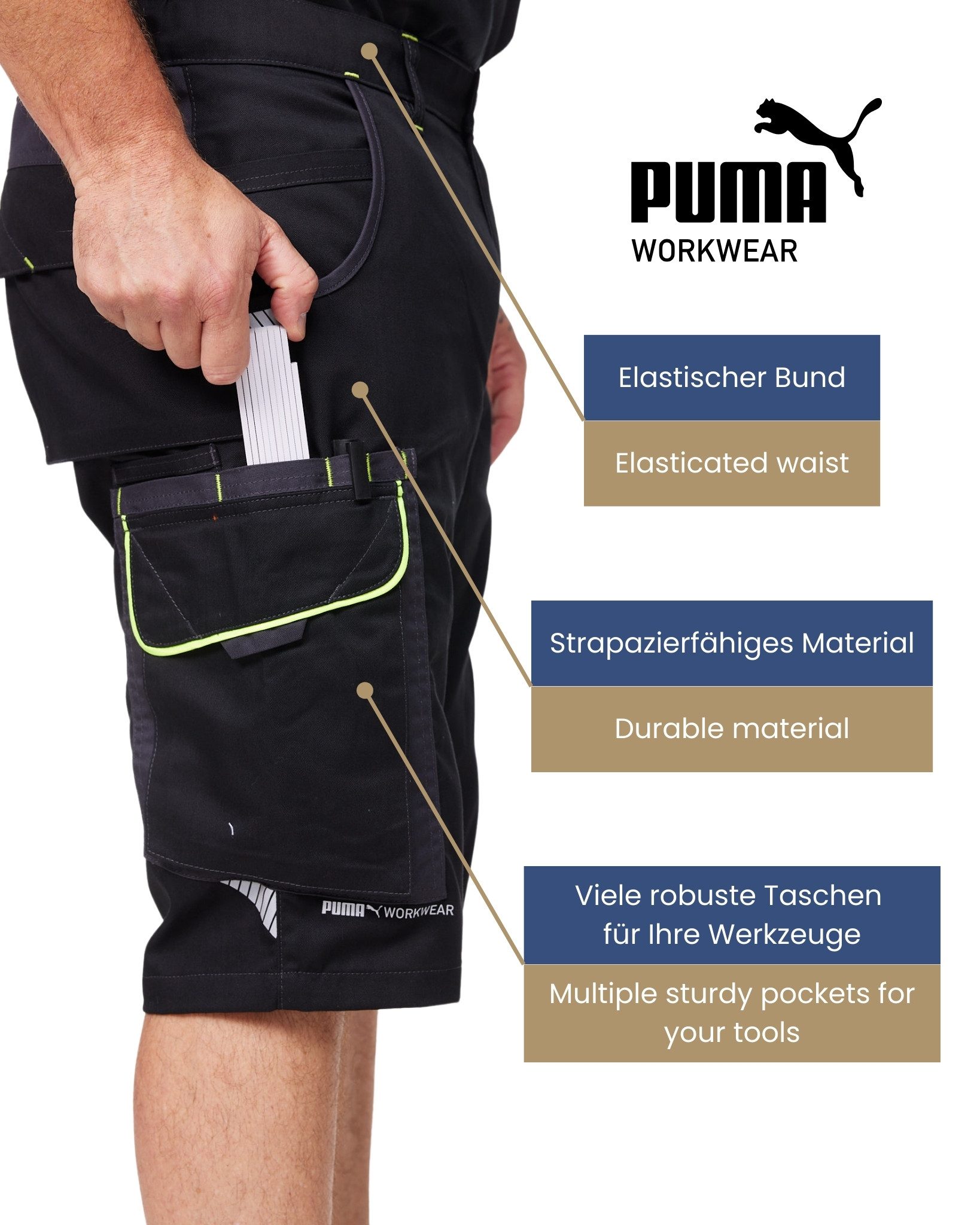 PUMA Workwear Arbeitsshorts PRECISION X - kurze Arbeitshose Herren - Bequeme Passform Robustes und flexibles Material mit Reflektoren - Praktische Taschen